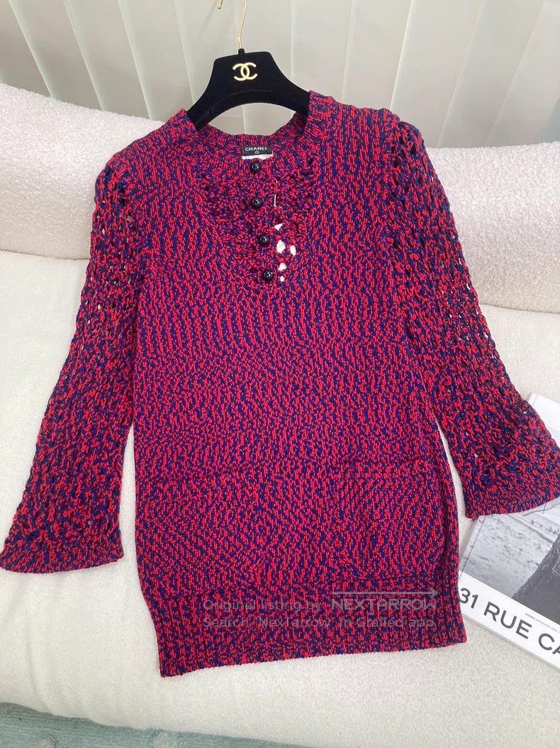 Chanel Red and blue mixed colour hollow knitted sweater