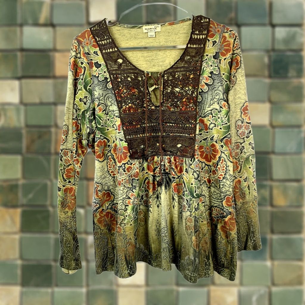 Vintage VINTAGE Oneworld Women's XL Floral Crochet Long Sleeve Top Boho Hippie Earthy Whimsy Size XL / US 12-14 / IT 48-50 - 1 Thumbnail