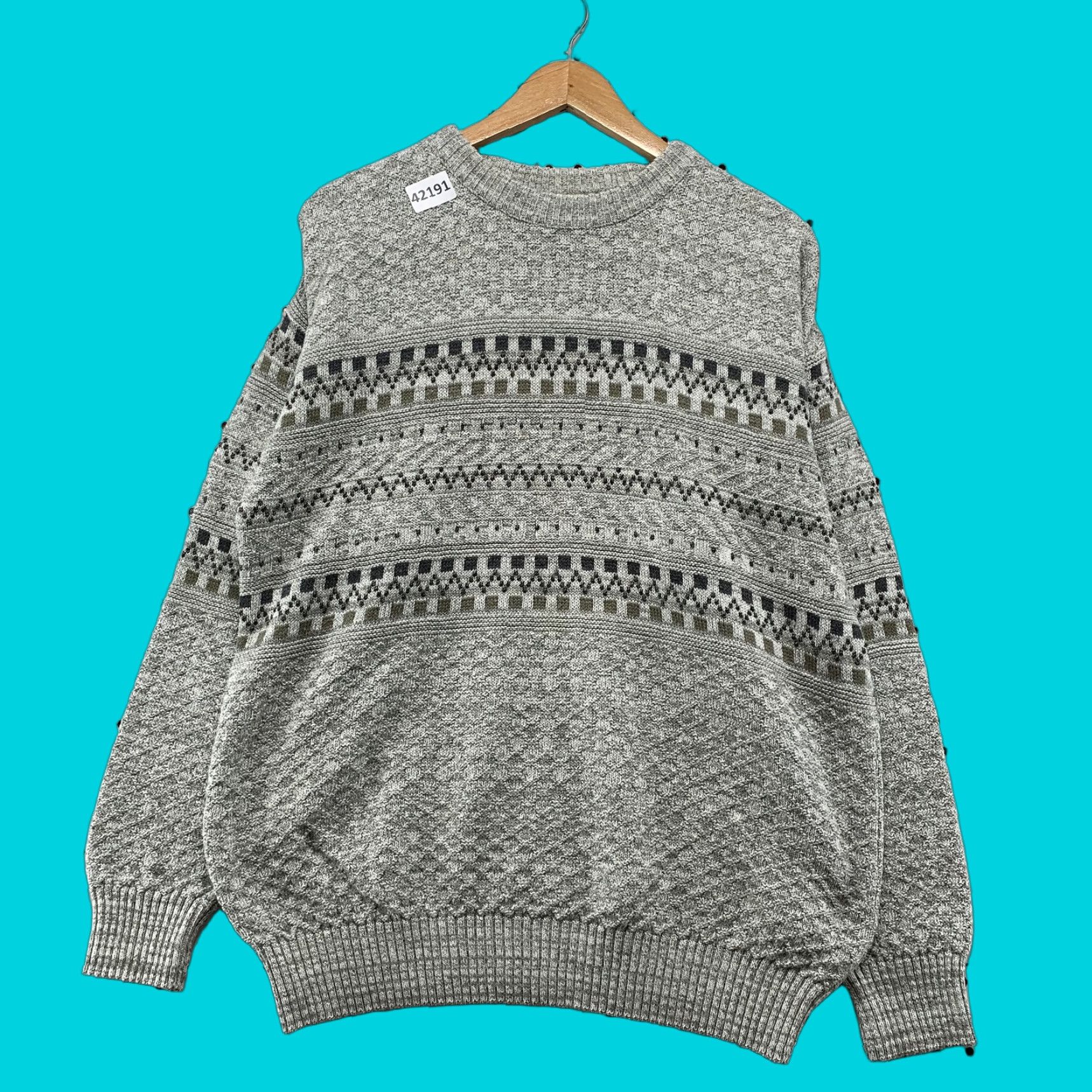 Vintage Vintage 90s St. John's Bay Gray Black Green Knitted Crew Neck Sweatshirt Mens Medium Casual Geometric Pattern Size US M / EU 48-50 / 2 - 1 Thumbnail