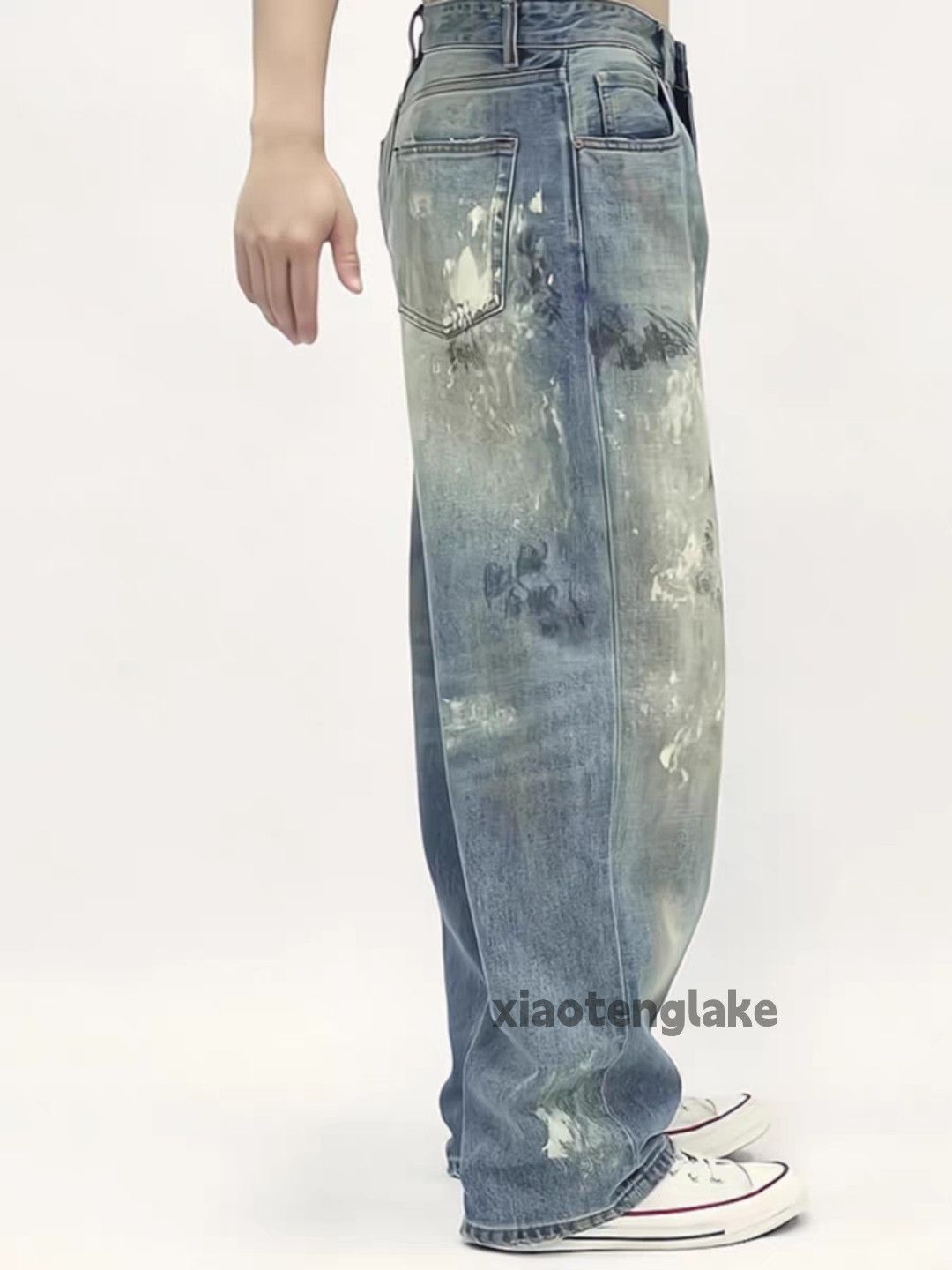 Jean Unisex washed faded stain paint grunge baggy jeans Size US 34 / EU 50 - 3 Thumbnail