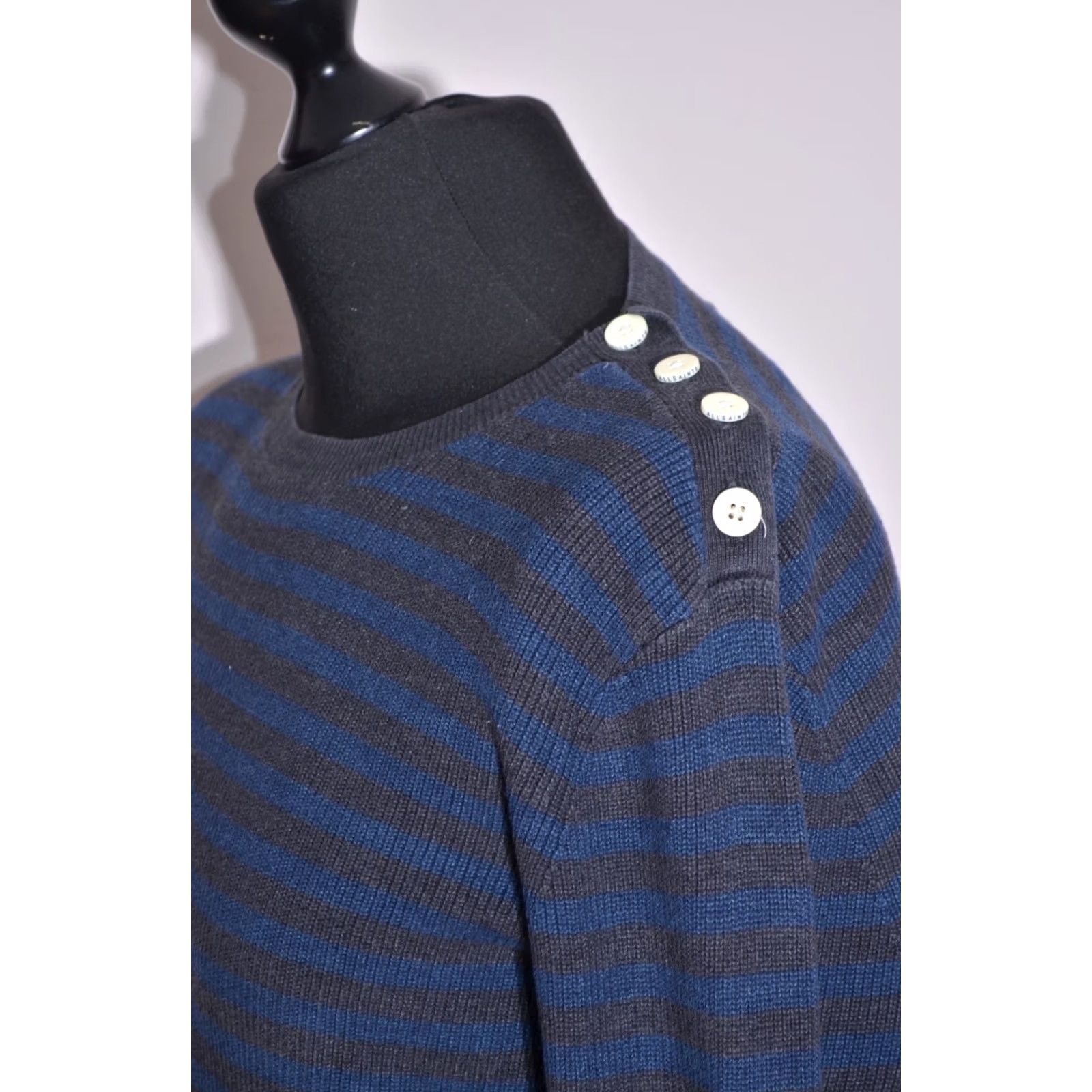 Allsaints AllSaints Sweater Mens Knit Button Striped Cotton Blue Florin Crewneck Sz L Size US L / EU 52-54 / 3 - 5 Thumbnail
