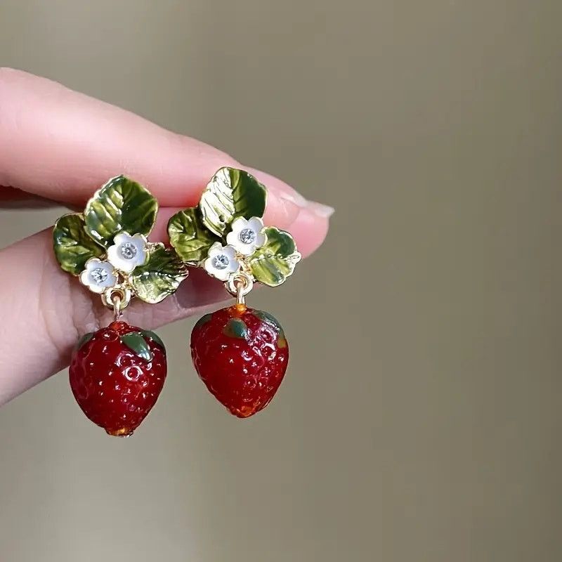 Other Strawberry Drop Earrings–Cute Enamel Fruit Earrings w/ Leaf Size ONE SIZE - 5 Thumbnail