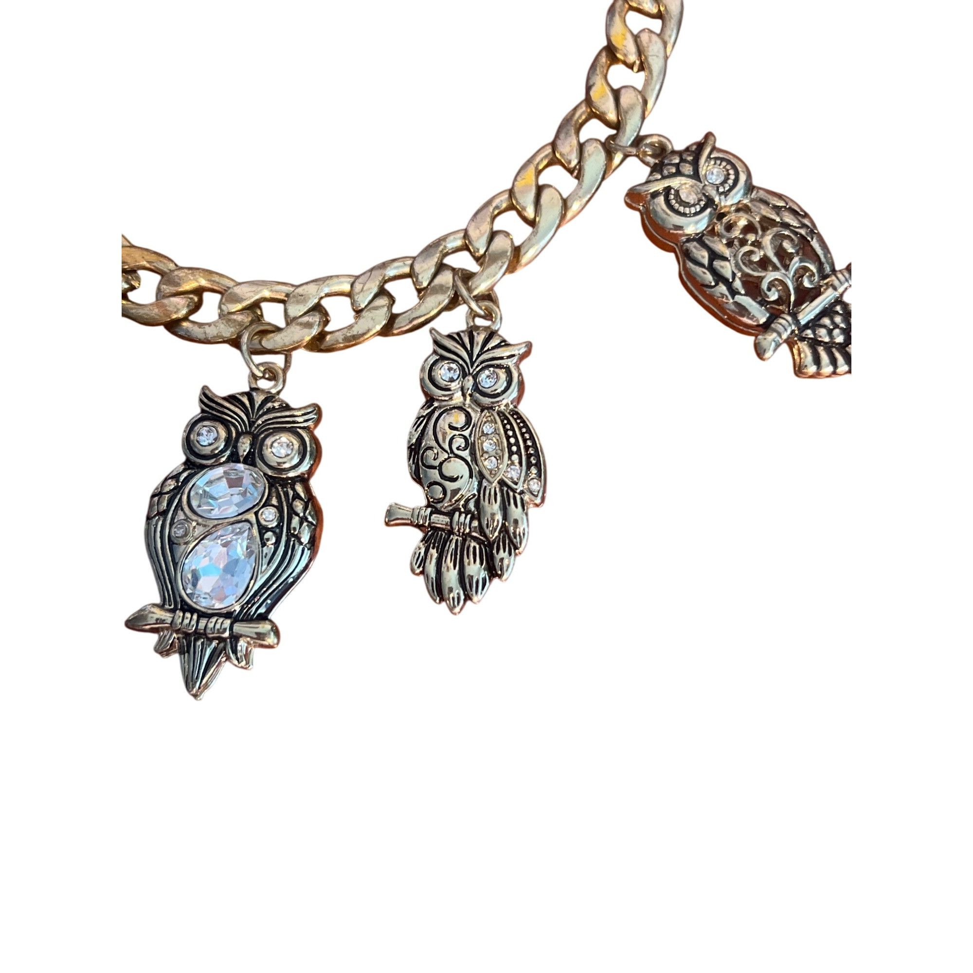 Other Cuban Link Gold Tone Necklace Owl Charms Clear Rhinestones C Size ONE SIZE - 2 Thumbnail