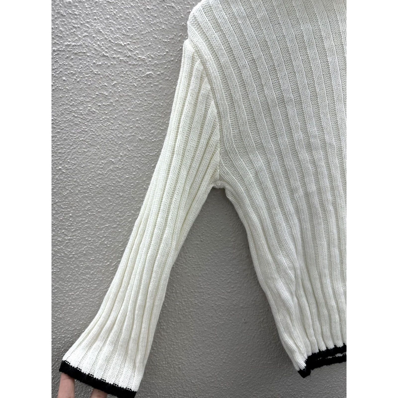 Sugar Womens Sugar White Black Outlined Long Sleeve Turtleneck Sweater Large Size L / US 10 / IT 46 - 2 Thumbnail
