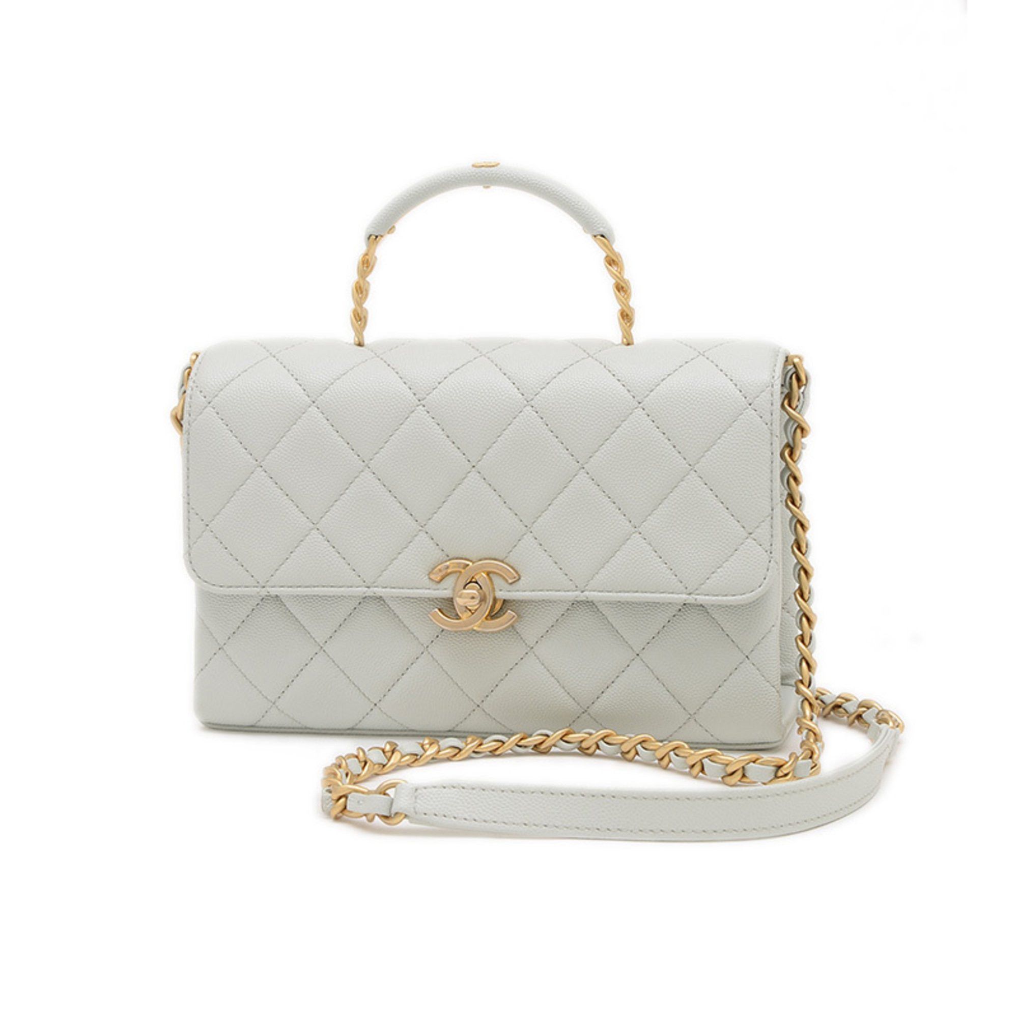 Chanel Top Handle Chain Shoulder Bag 2Way Caviar Skin Light Grey As4008, Women's