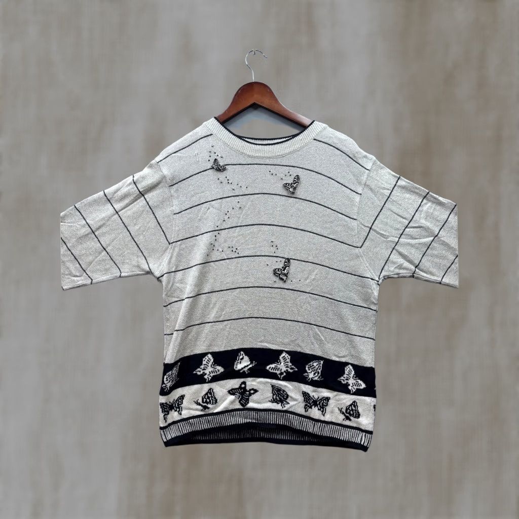 Alife VINTAGE Hauber Sporting Life Women's Gray Striped Butterfly Sweater Top Size L / US 10 / IT 46 - 1 Thumbnail