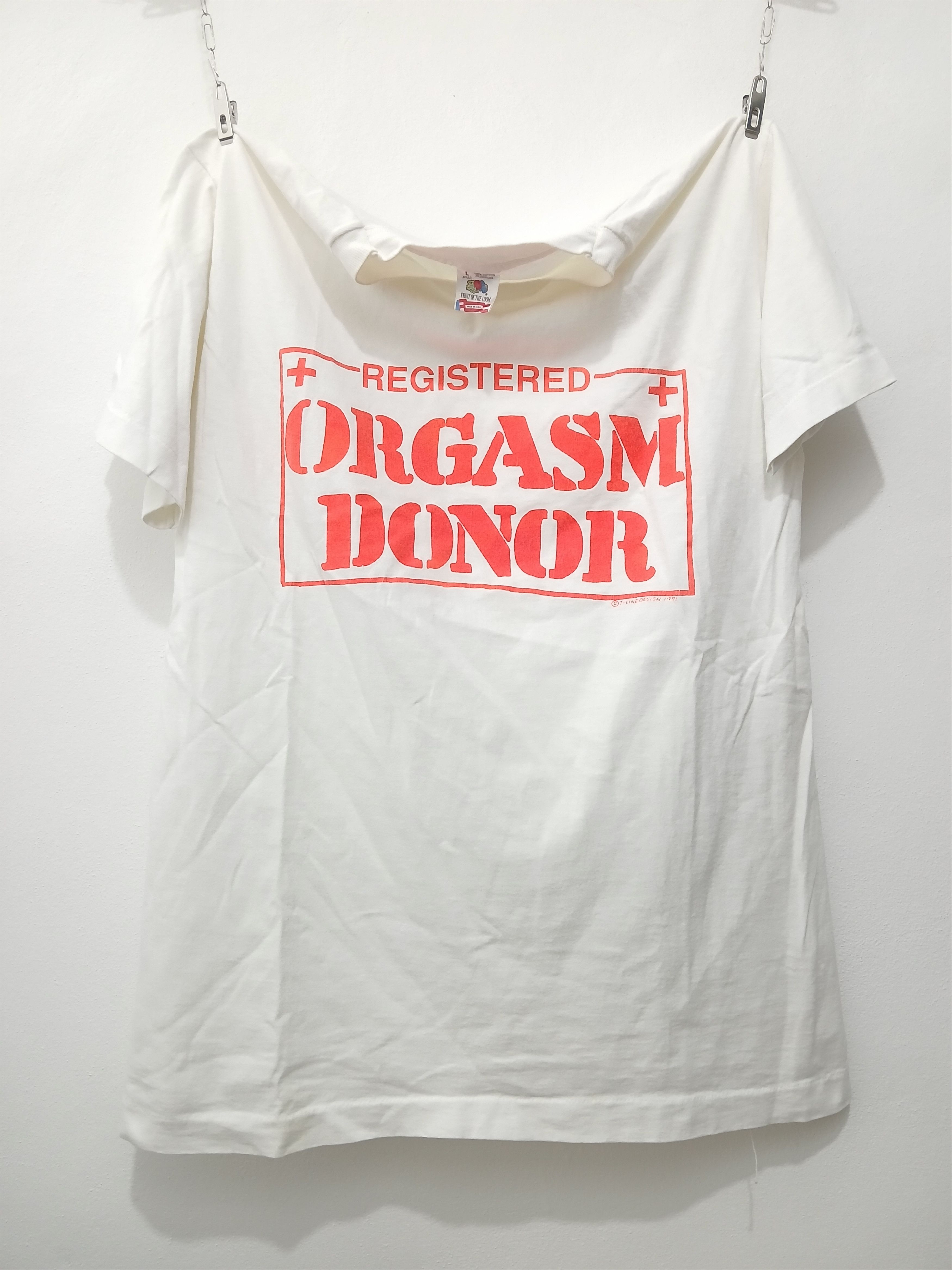 Vintage REGISTERED ORGASM DONOR Font Joke Vintage Tee 1991 Size US L / EU 52-54 / 3 - 1 Thumbnail