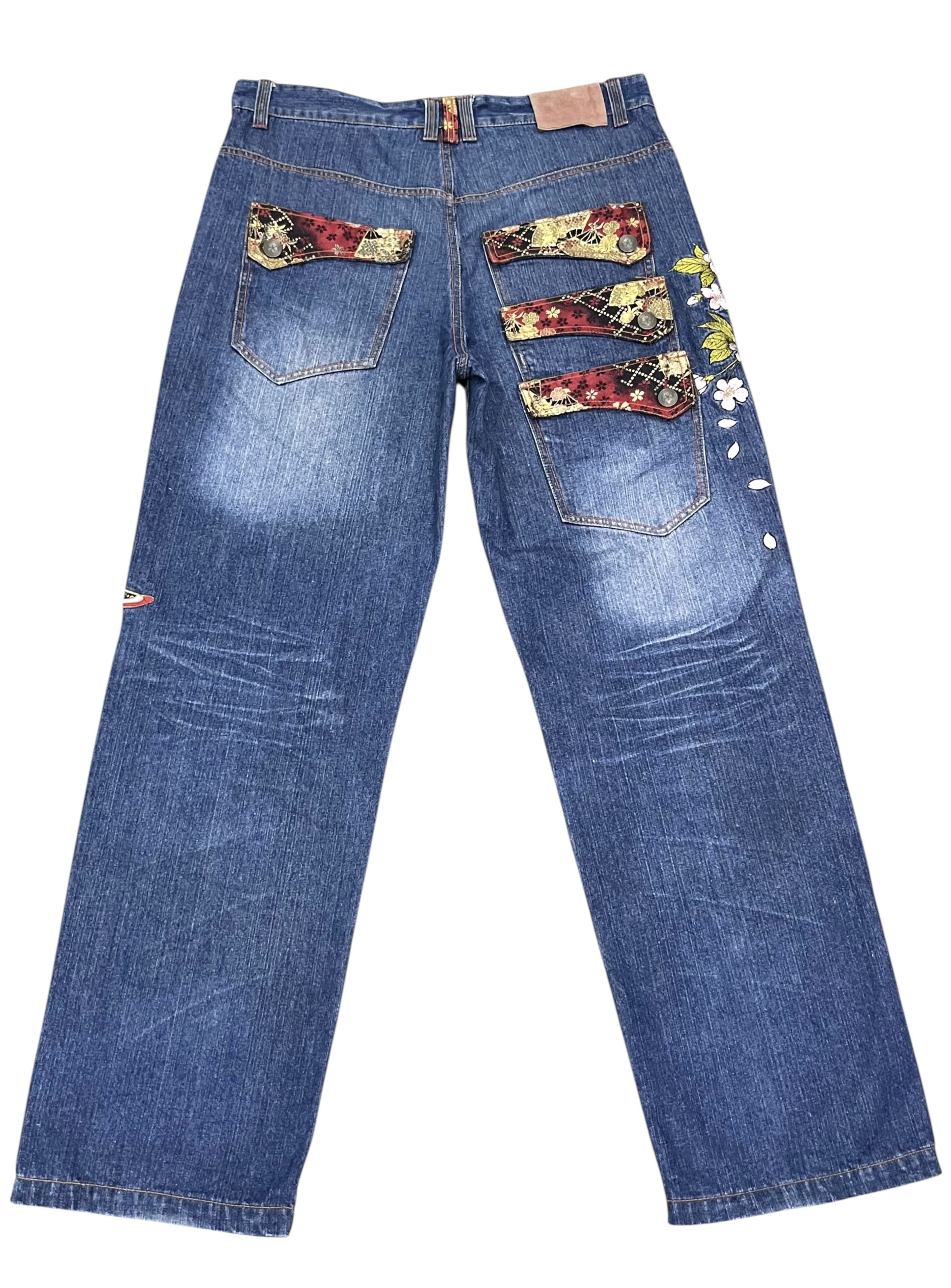 Addict Clothes Japan GEISHA & SAKURA Big Embroidery Baggy Fit Karakuri Denim Jpn Size US 35 - 8 Thumbnail