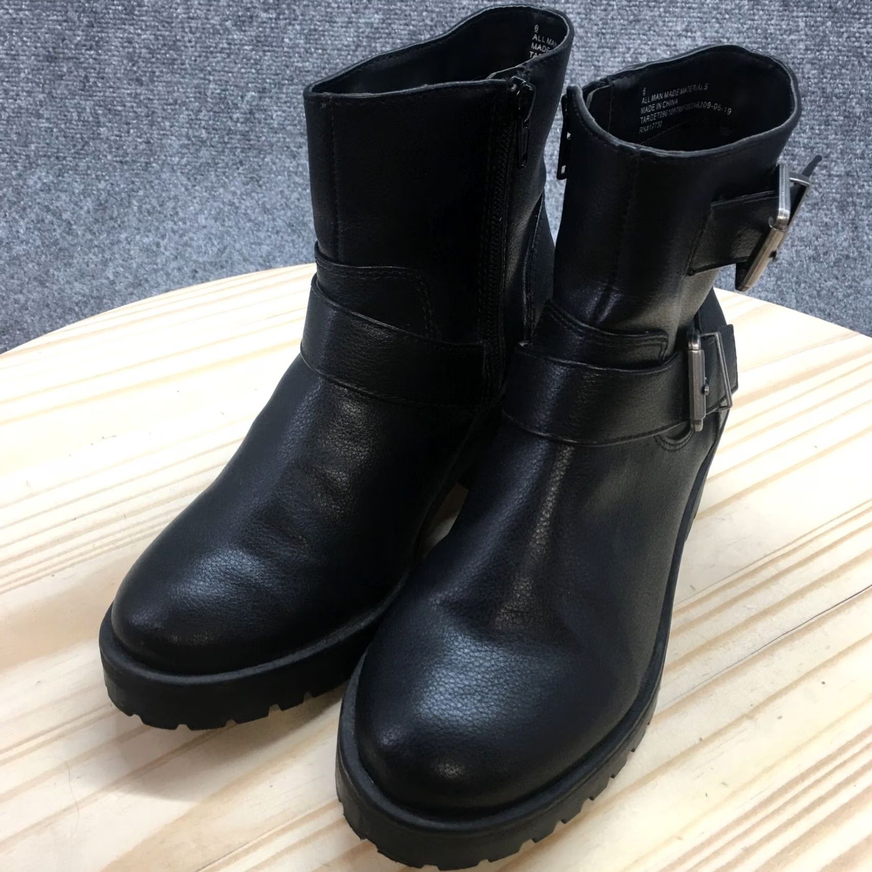 Vintage Universal Thread Boots Women Ankle Booties Zipper Black Faux Leather Buckle Heel Mid 2-2.9in Size 6 Size US 6 / IT 36 - 3 Thumbnail