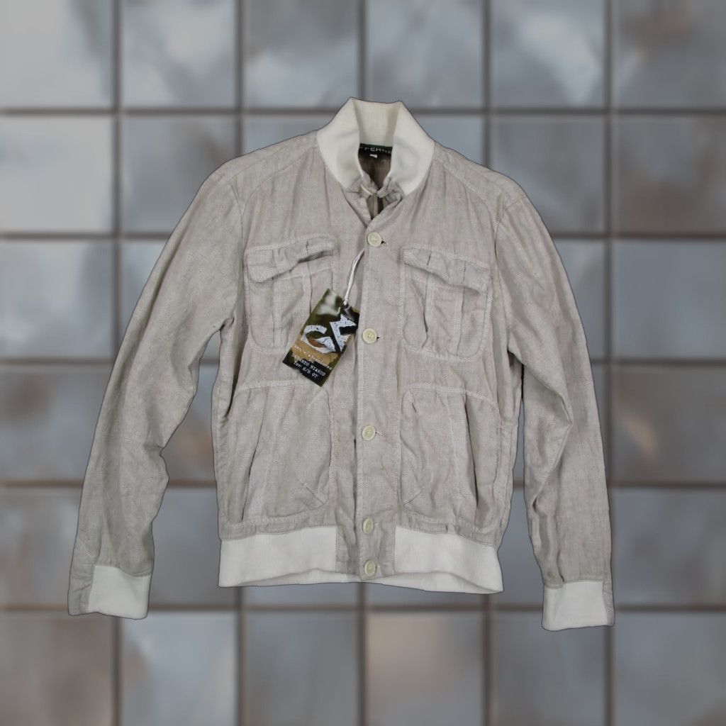 VINTAGE GF FERRE Jacket Mens Large Beige Linen Button Up Bomber Italy Y2K