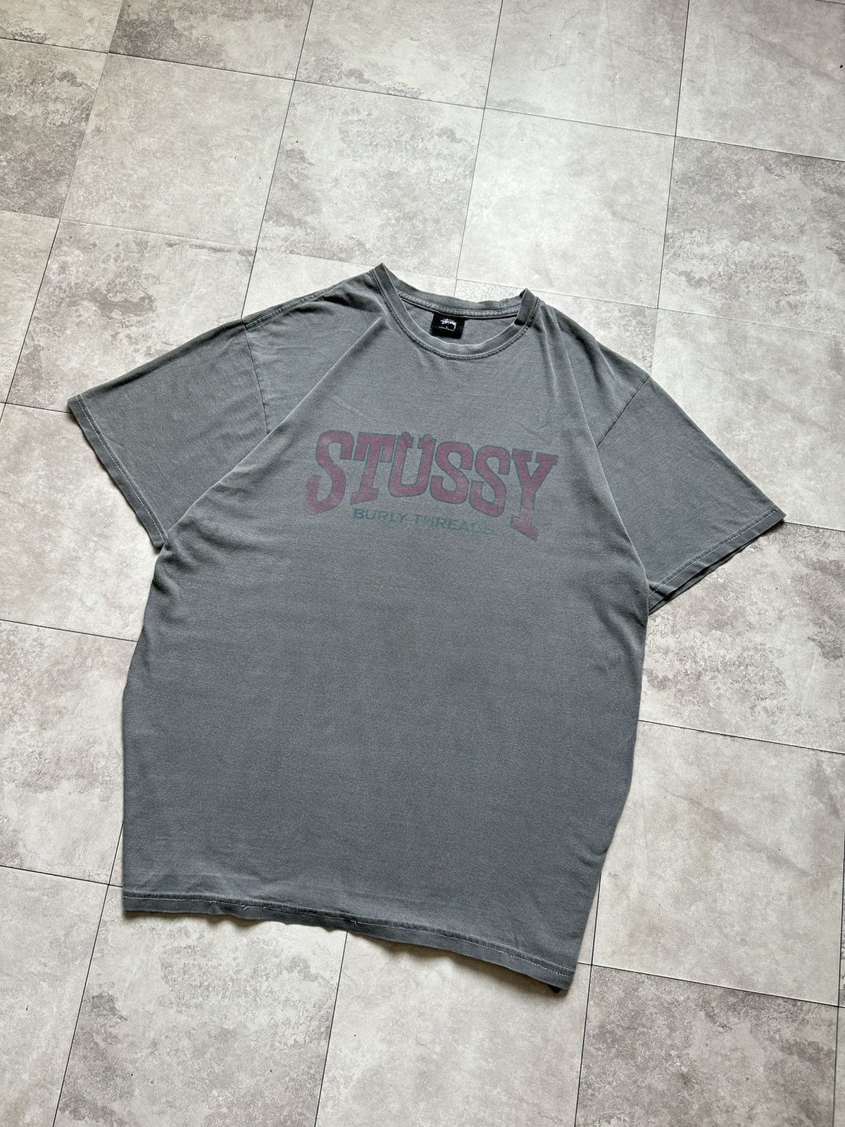 Stussy Burly Threads Washed Big Logo Graphic Print T-Shirt
