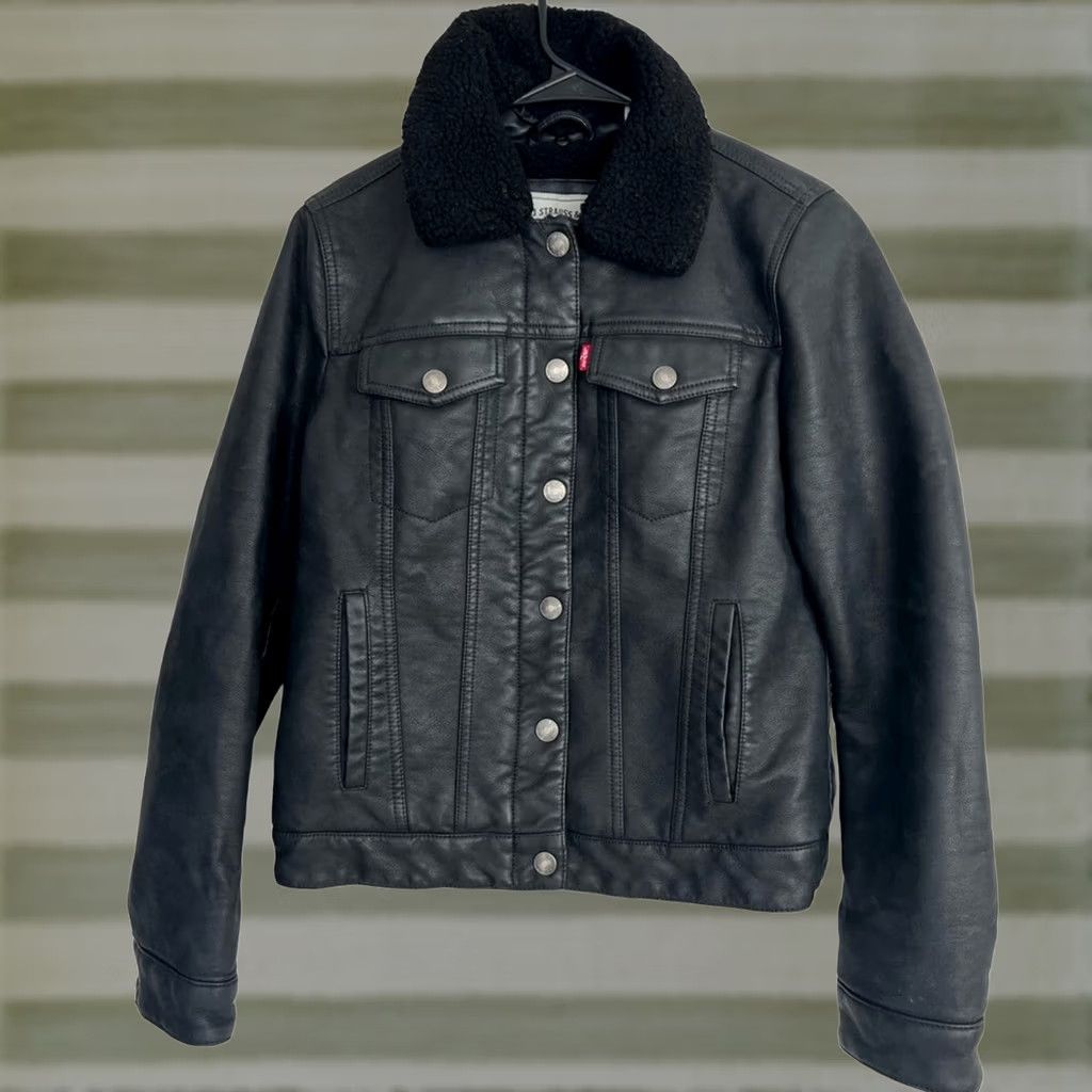 Levi's VINTAGE Levi’s Sherpa Full Zip Button Jacket Black Womens SZ Small Faux Leather QUALITY Size S / US 4 / IT 40 - 1 Thumbnail