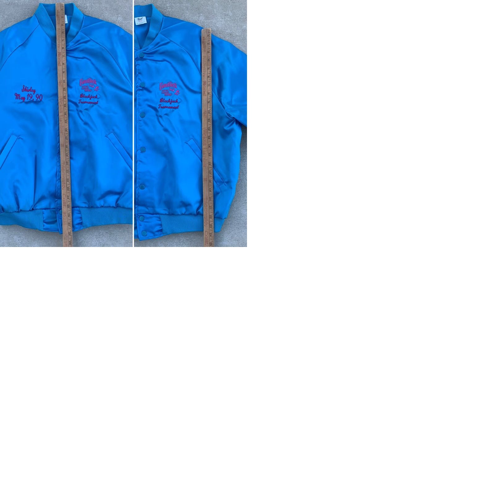 Vintage VINTAGE Tour Satin Jacket Unisex Adults L Blue Nylon Lining Embroidered 1990s 80s Casual Travel Pockets Snap Closure Size US L / EU 52-54 / 3 - 12 Thumbnail