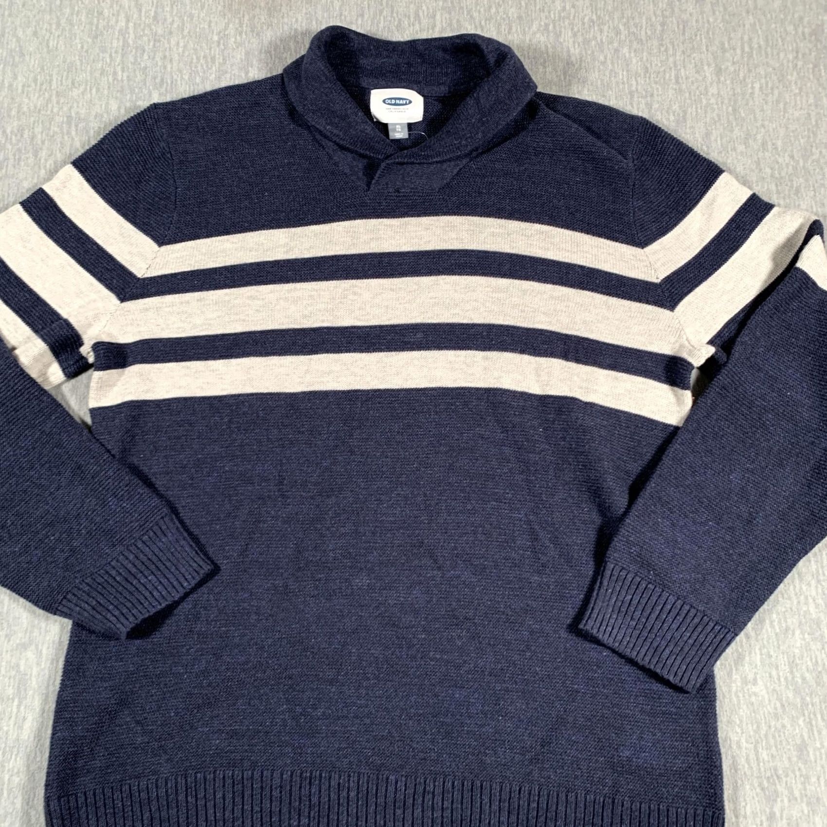 Old Navy Old Navy Sweater Mens XL Navy Blue Stripe Shawl Collar Cotton Knit Pullover Size US XL / EU 56 / 4 - 2 Thumbnail