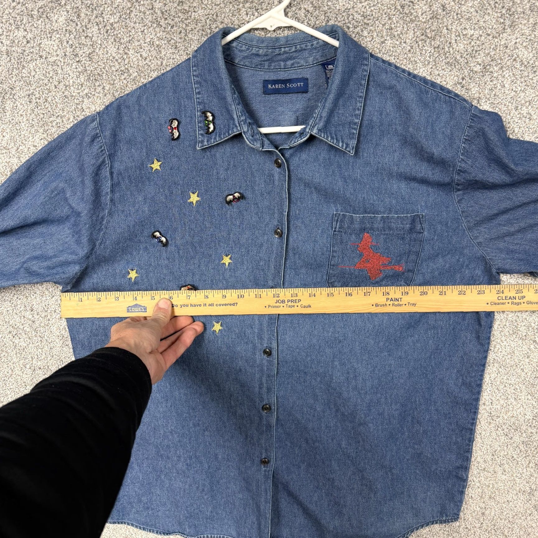 Vintage VTG Karen Scott Button-Up Denim Shirt XL Women Halloween Embroidered Witch Bat Stars 90s Century Winter Size XL / US 12-14 / IT 48-50 - 5 Thumbnail
