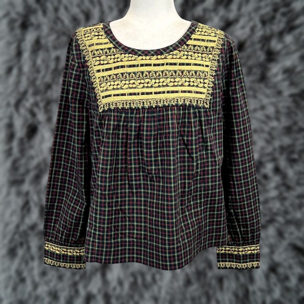 J.Crew J. Crew Women's Plaid Peasant Blouse Multicolor Large Gold Embroidery Size L / US 10 / IT 46 - 1 Thumbnail