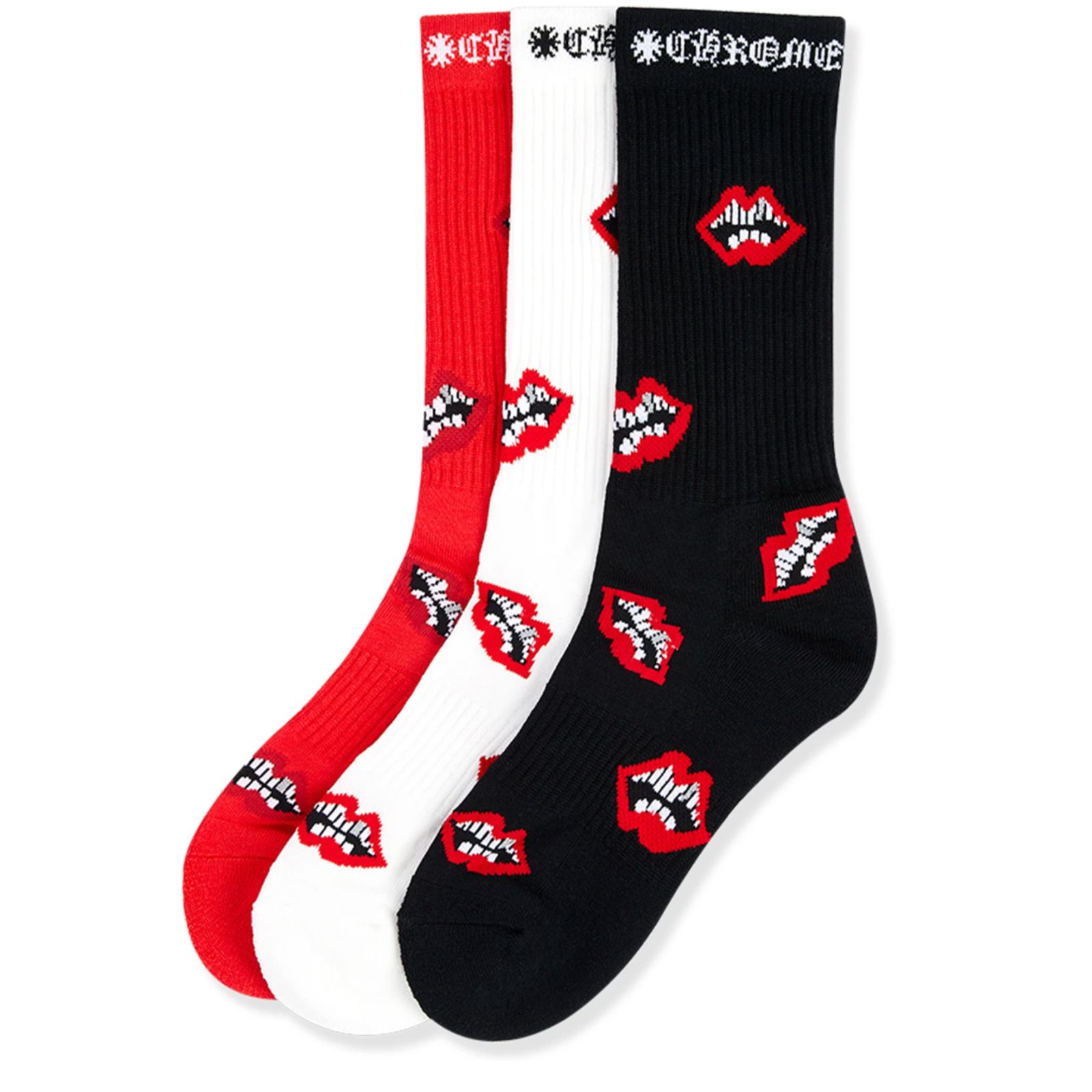 Pre-owned Chrome Hearts Chomper Socks Red White Black (3 Pack) In Multicolor