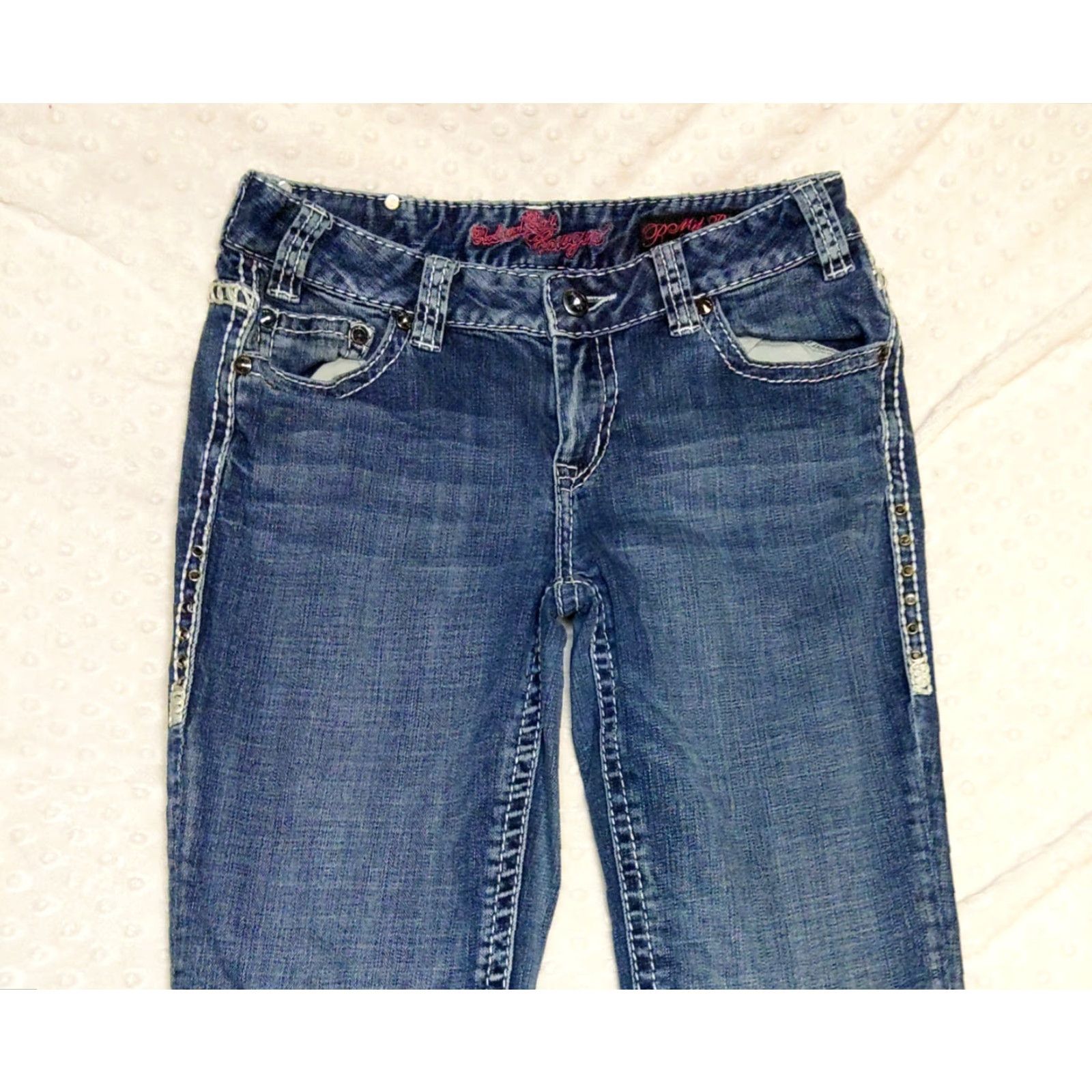 Denime Rock And Roll Cowgirl Jeans Women's 28x30 Mid Rise Bootcut Denim Blue Rhinestone 5-Pocket Stretch Comfort Size 28" / US 6 / IT 42 - 4 Thumbnail