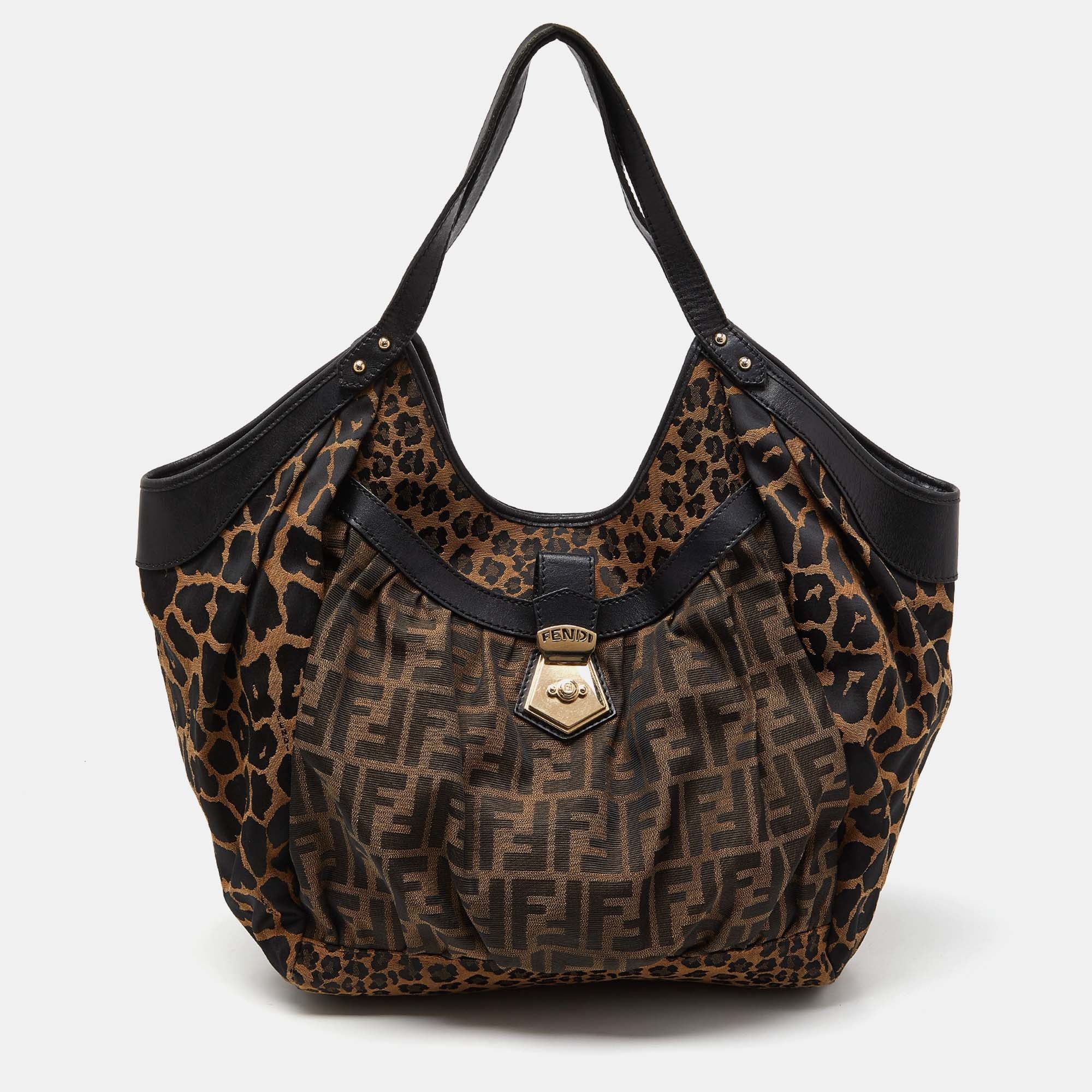 image of Fendi Tobacco Zucca And Leopard Print Canvas Borsa Chef Tote in Brown, Women's