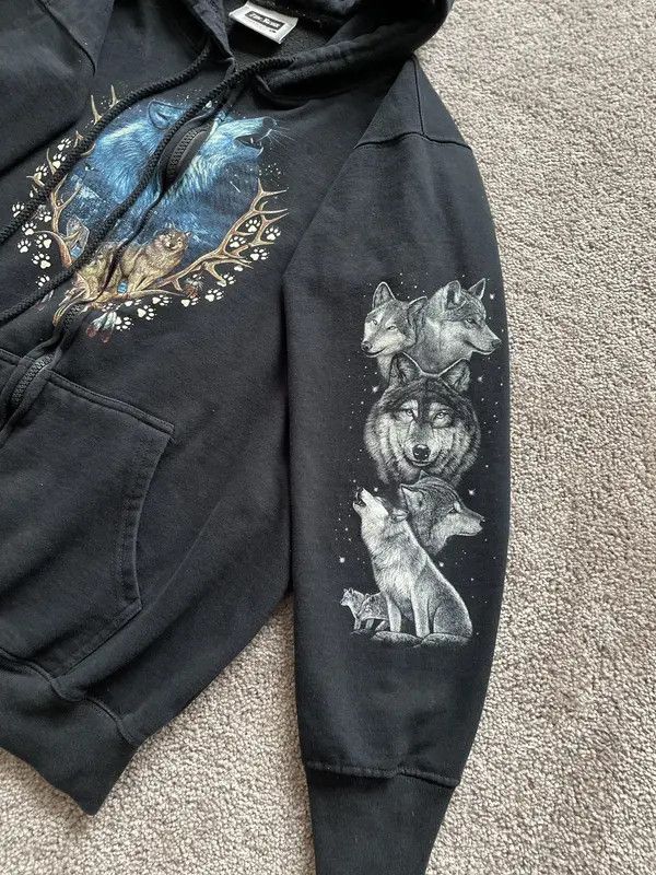 Japanese Brand × Vintage Vintage 90s All Over Wolf Graphic Zip-Up Hoodie Size US S / EU 44-46 / 1 - 6 Thumbnail