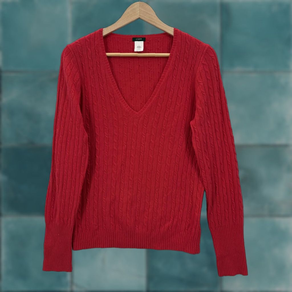 J.Crew J.CREW Sweater Womens Red Cable-Knit V-Neck Wool Cashmere Raglan Pullover Size L / US 10 / IT 46 - 1 Thumbnail