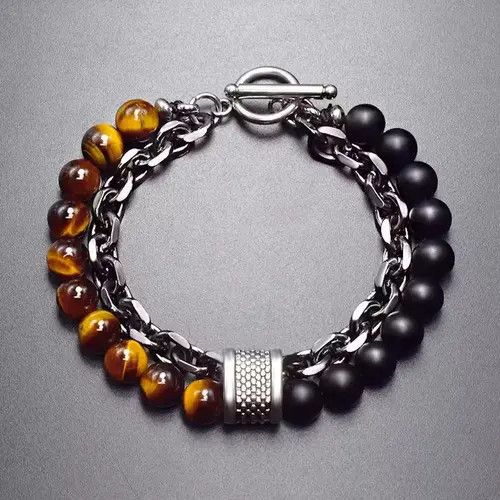 Japanese Brand Black Matte + Brown Tiger Eye Bead + Chain Bracelet Size ONE SIZE - 1 Thumbnail