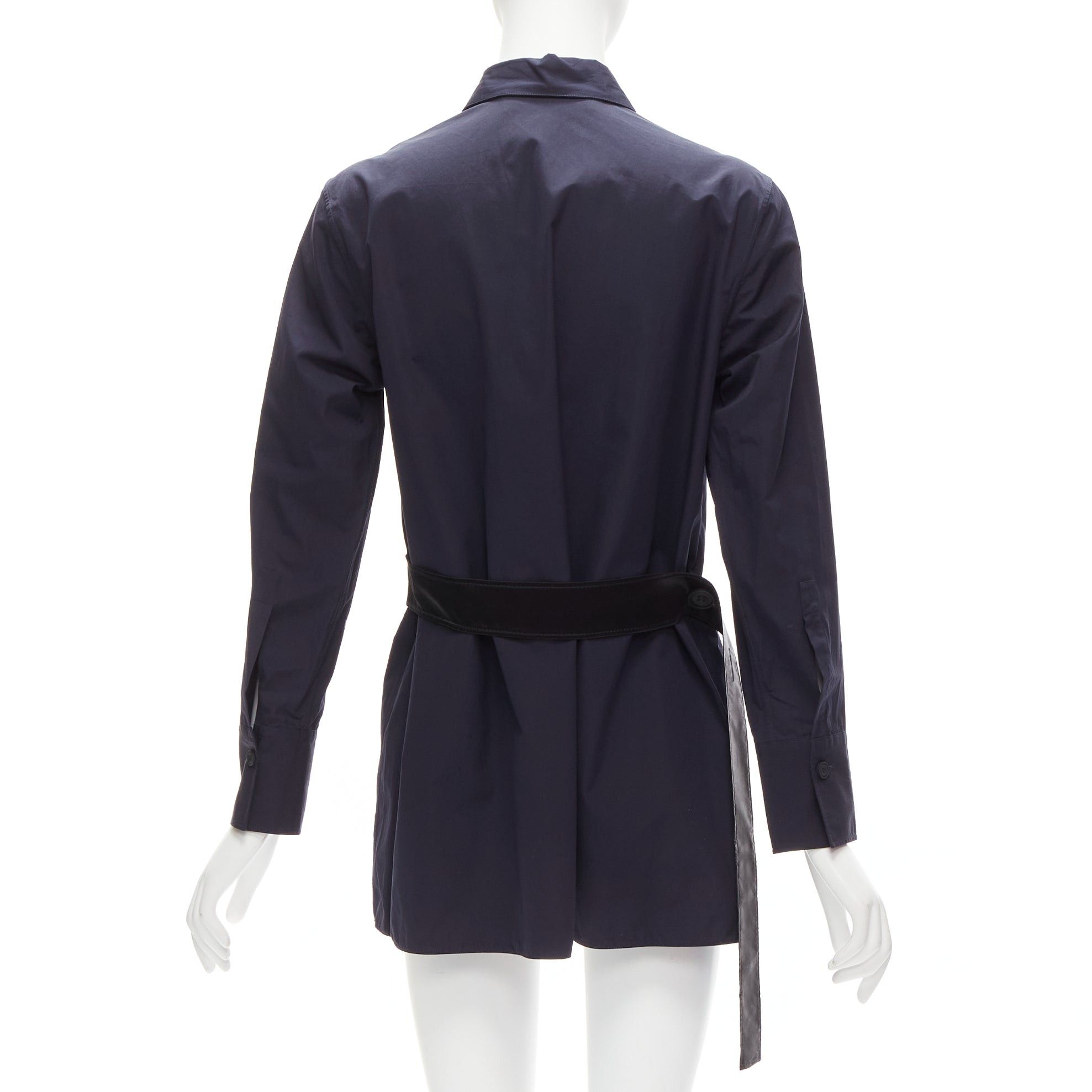 MARNI navy blue cotton rubber button asymmetric belted shirt IT38 XS
