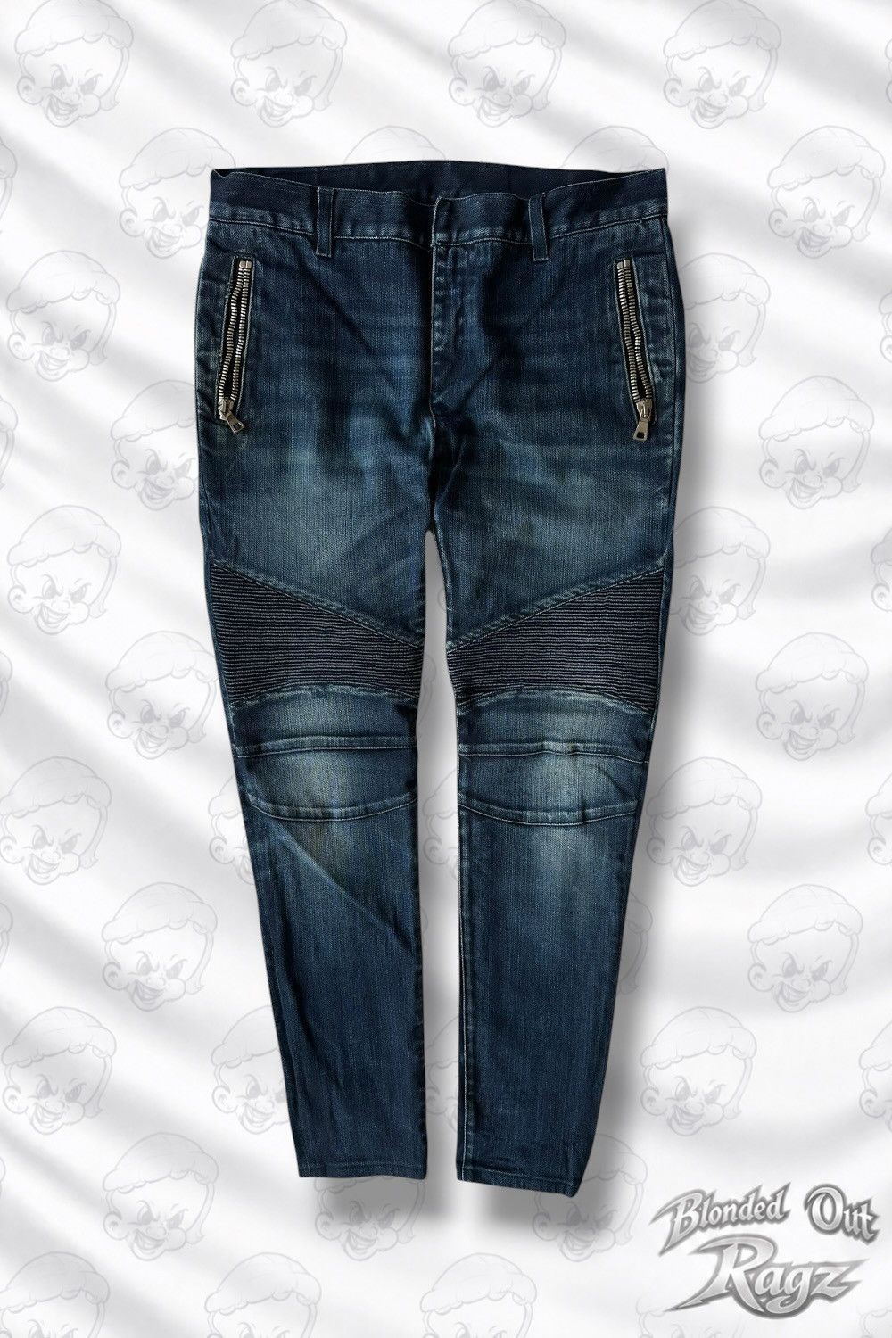 Balmain SS17 Balmain Navy Washed Biker Denim Oilver Roustreing Era Size US 31 - 1 Thumbnail