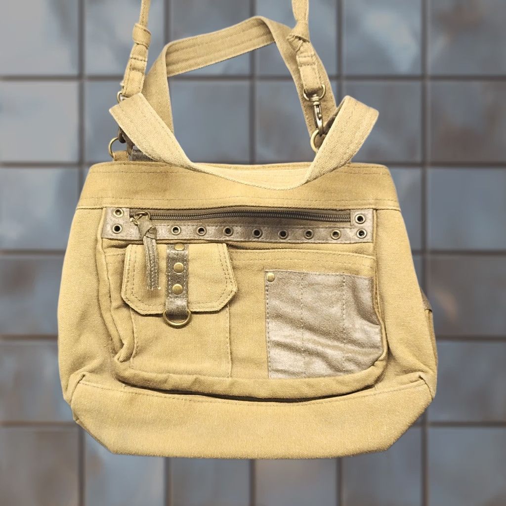 Vintage Khaki Canvas Crossbody Purse Studded Multi Pocket Shoulder Bag Utility Crossbody Women Tan Zip Bag Size ONE SIZE - 1 Thumbnail