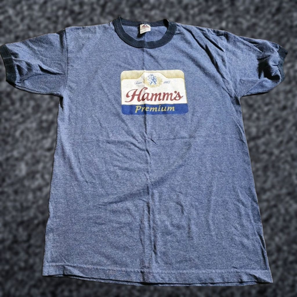 Logo 7 VINTAGE Alstyle Mens T-Shirt Hamm's Beer Logo Short Sleeve Crew Neck Blue 2000s Premium Ringer T Shirt Hag Monitoring Size US L / EU 52-54 / 3 - 1 Thumbnail