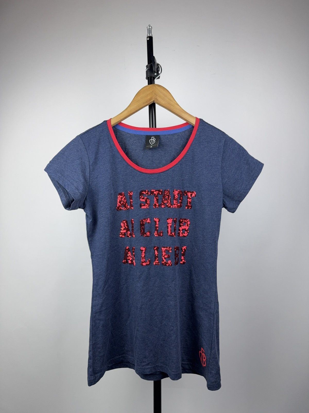 Vintage FB Basel 1893 Sequined Graphic Tee Navy Red Trim Y2K Glam Size M / US 6-8 / IT 42-44 - 1 Thumbnail