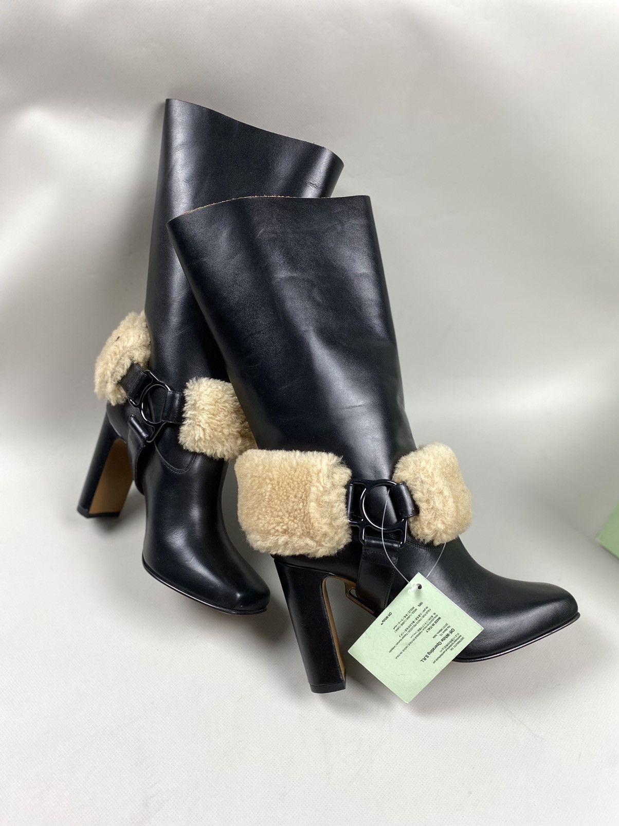 image of Off White New! Off-White Ladies Leather Heeled For Riding Boots Shoes in Black, Women's (Size 8)