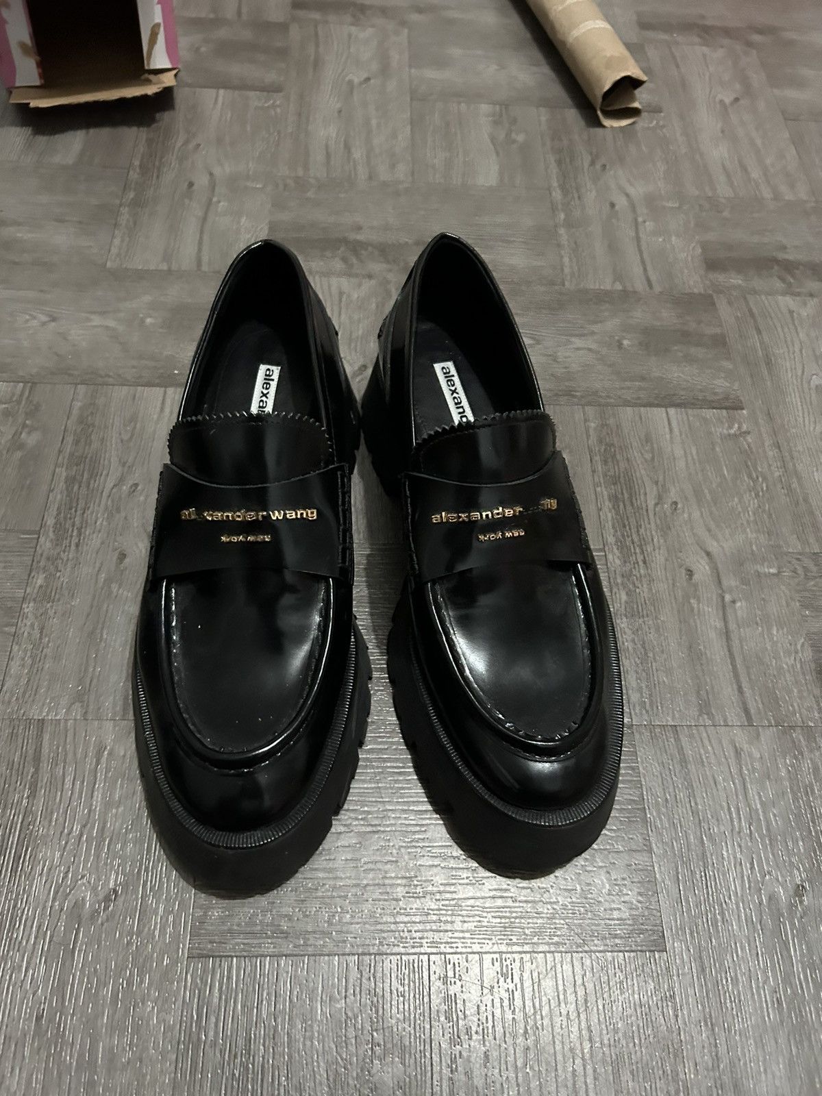 image of Alexander Mcqueen x Alexander Wang Carter Mid-Heel Shoes Lug Loafer In Leather in Black, Women's (S