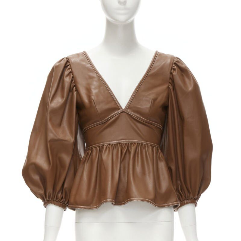 Staud STAUD Luna tan brown vegan faux leather plunge neck puff sleeve top US0 XS Size S / US 4 / IT 40 - 1 Thumbnail