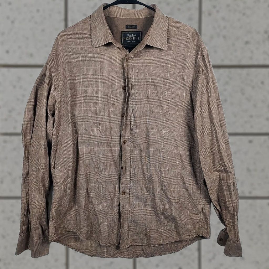Jos. A. Bank Jos A Bank Reserve Mens XL Brown Plaid Tailored Fit Cotton Cashmere Shirt Size US XL / EU 56 / 4 - 1 Thumbnail