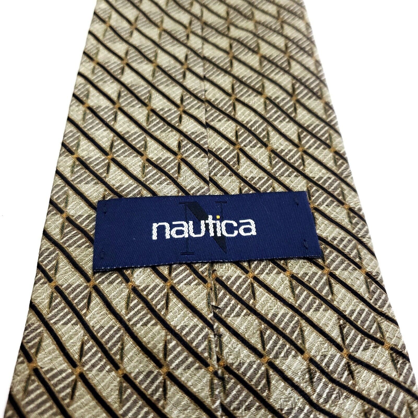 Nautica Nautica Tan Woven Short Wide Striped Geometric Silk Tie Size ONE SIZE - 3 Thumbnail