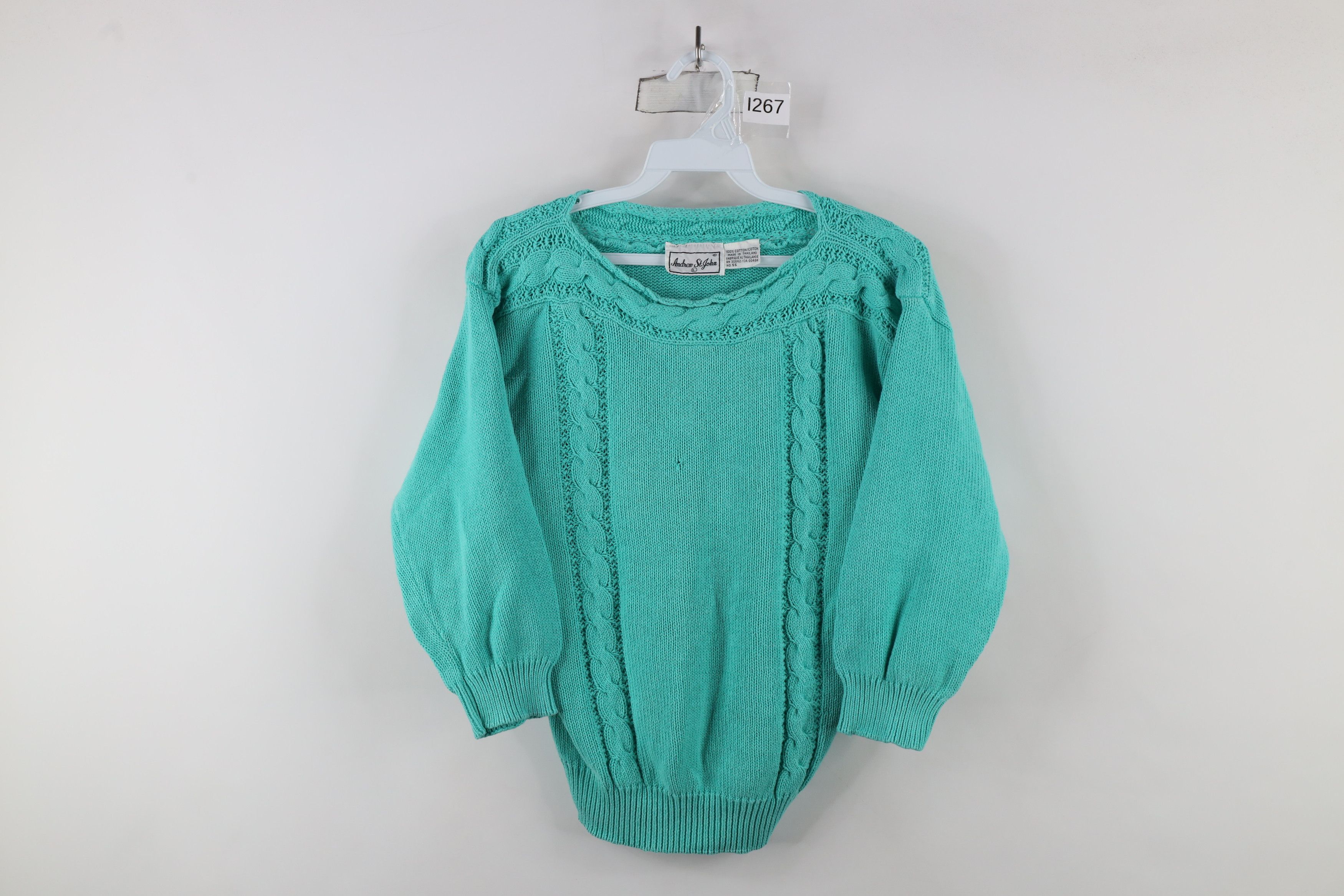 Vintage Vintage 90s Streetwear 3/4 Sleeve Cable Knit Sweater Teal Size L / US 10 / IT 46 - 1 Thumbnail