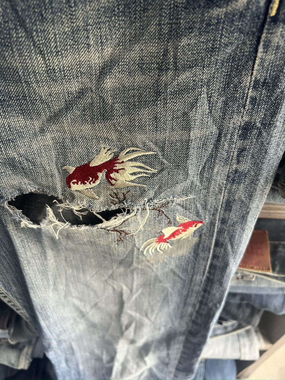 Takeo Kikuchi 🔥Vintage Takeo Kikuchi Embroidery Koi Fish Distressed Denim Size US 33 - 10 Thumbnail