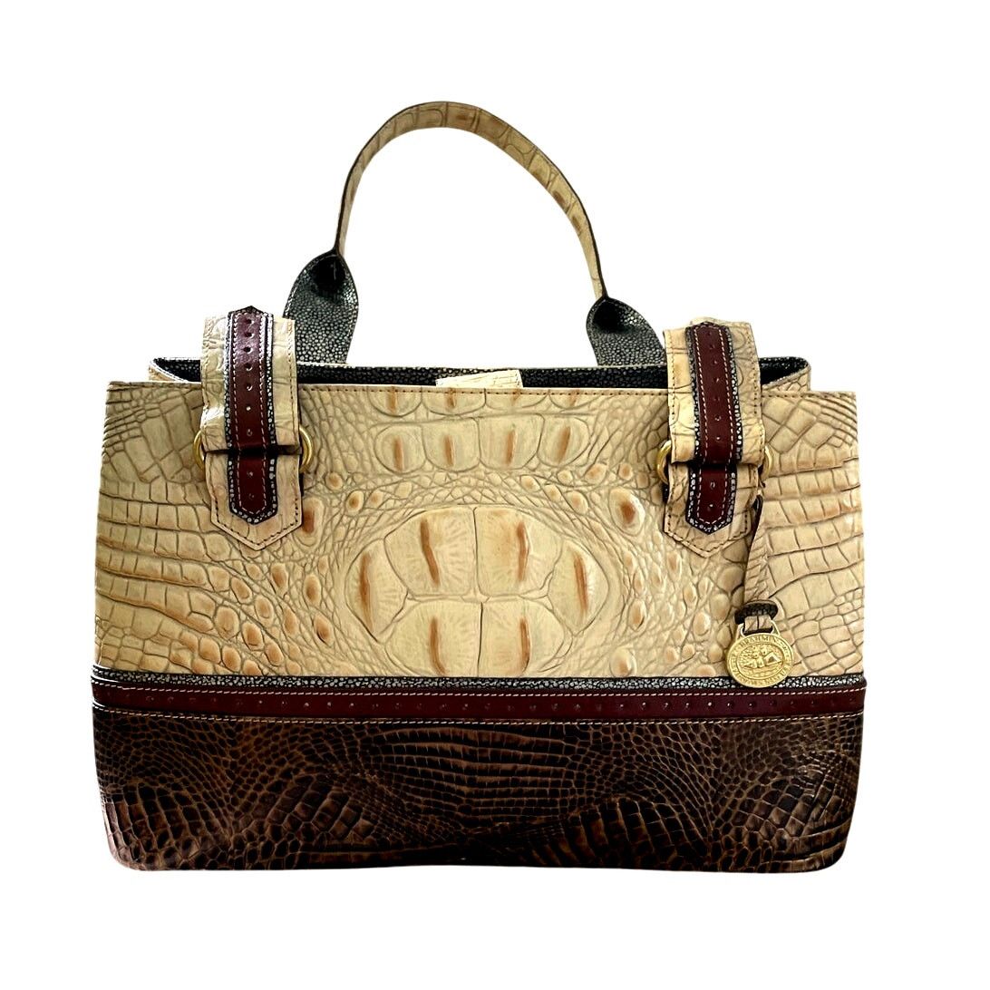 Brahmin Vintage Melbourne Leather Shoulder Bag Croc Embossed in Beige, Women's