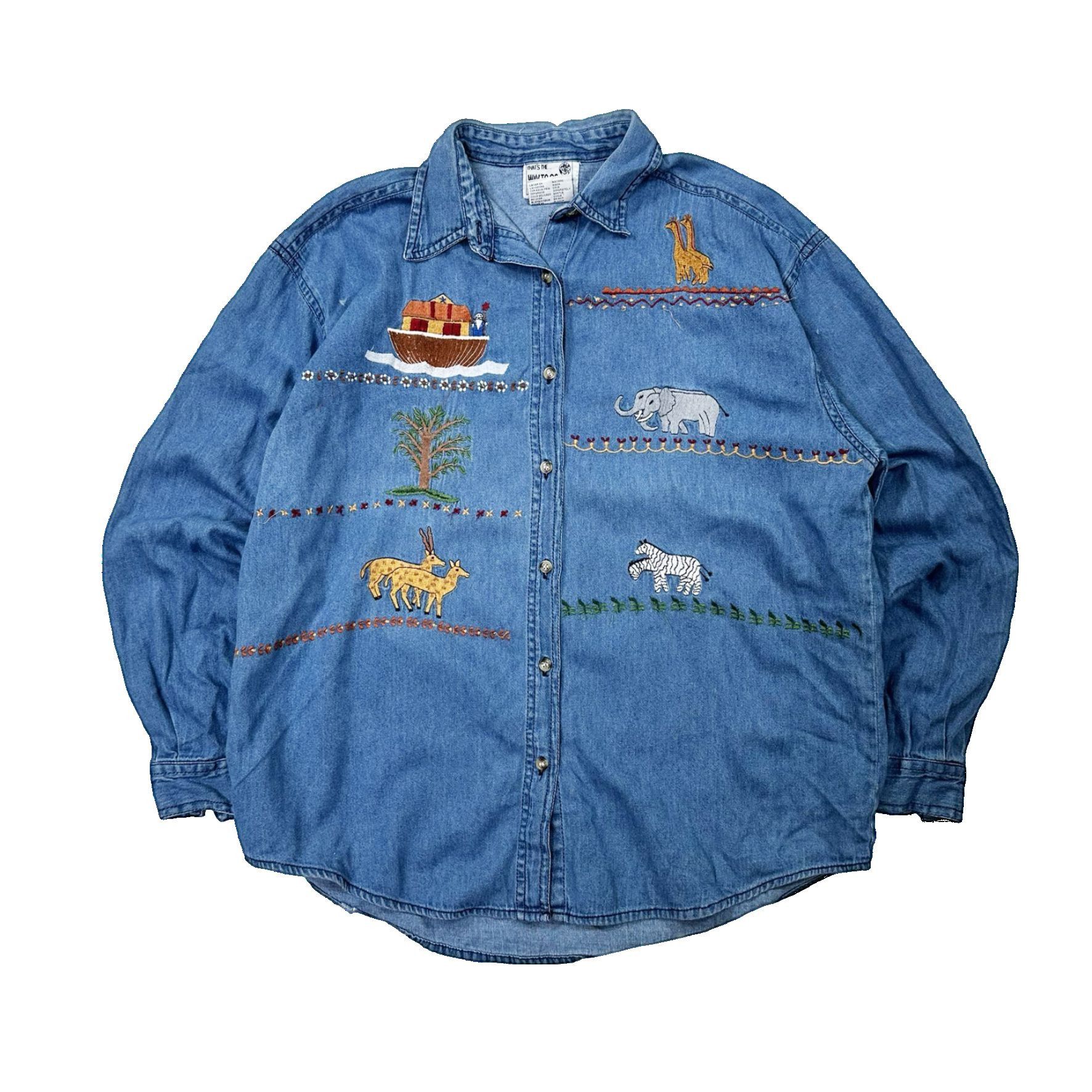 Vintage Vintage 90s Embroidered Noah's Ark Denim Button Up Shirt Size US L / EU 52-54 / 3 - 1 Thumbnail