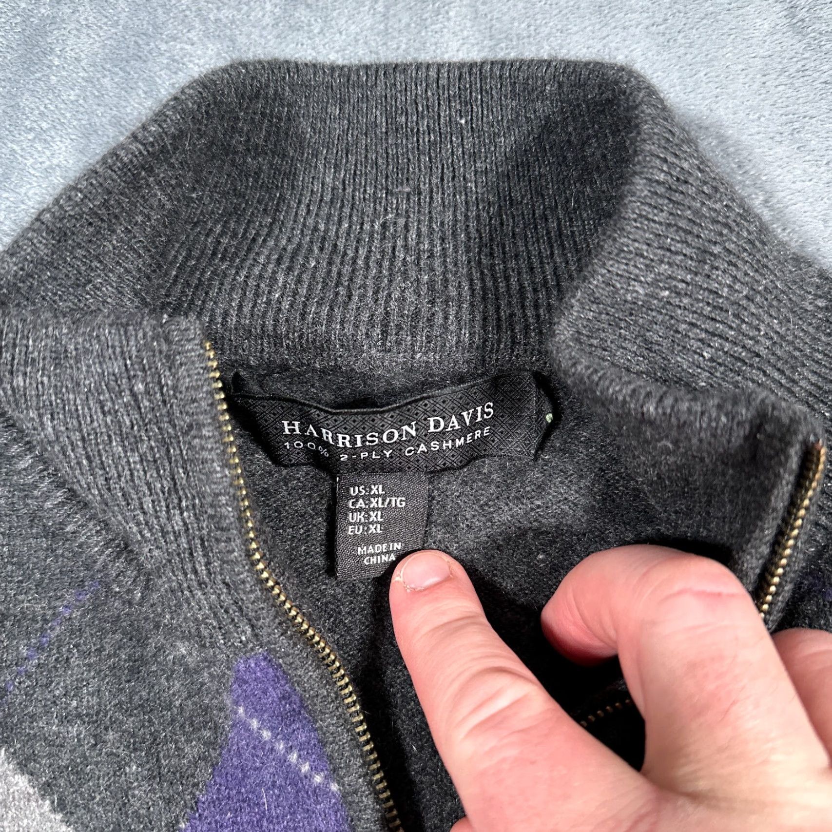 Vintage Vintage Harrison Cashmere Sweater Men XL Gray Argyle 1/4 Zip Pullover Fall Winter Size US XL / EU 56 / 4 - 2 Thumbnail