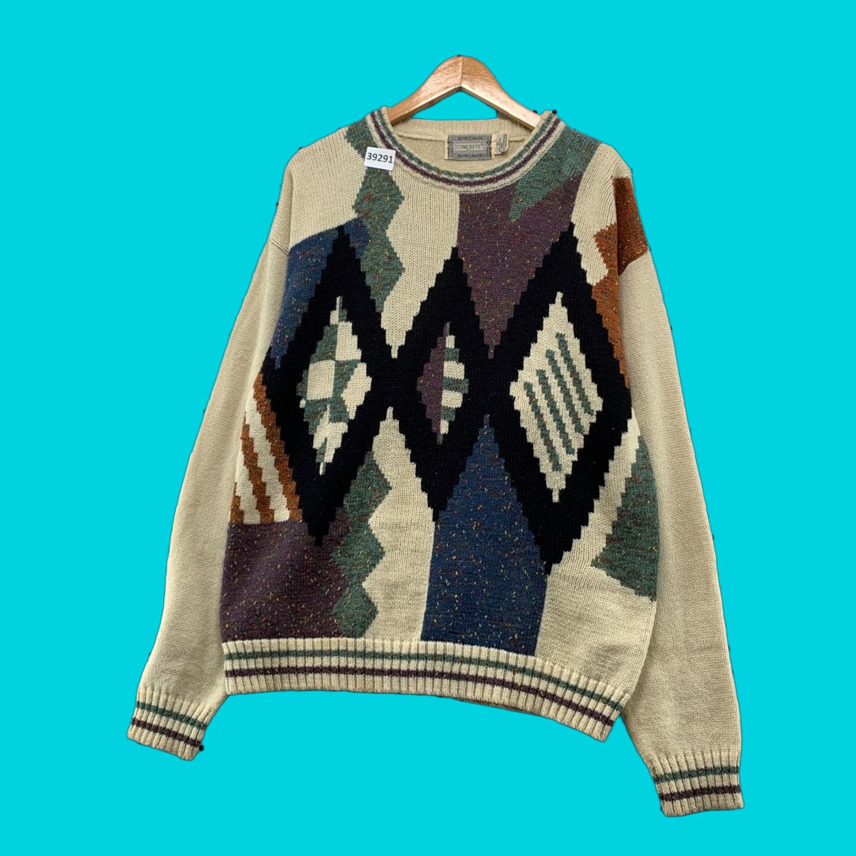 Vintage VINTAGE Concrete Knit Sweater Mens Medium Beige Acrylic Crew Neck Argyle 21.5x28 Pullover 90s Mens Size US M / EU 48-50 / 2 - 1 Thumbnail