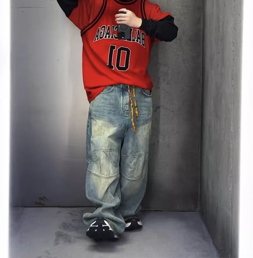 Japanese Brand Color Blocking Drawstring Double Knee Baggy Jeans Size US 30 / EU 46 - 4 Thumbnail