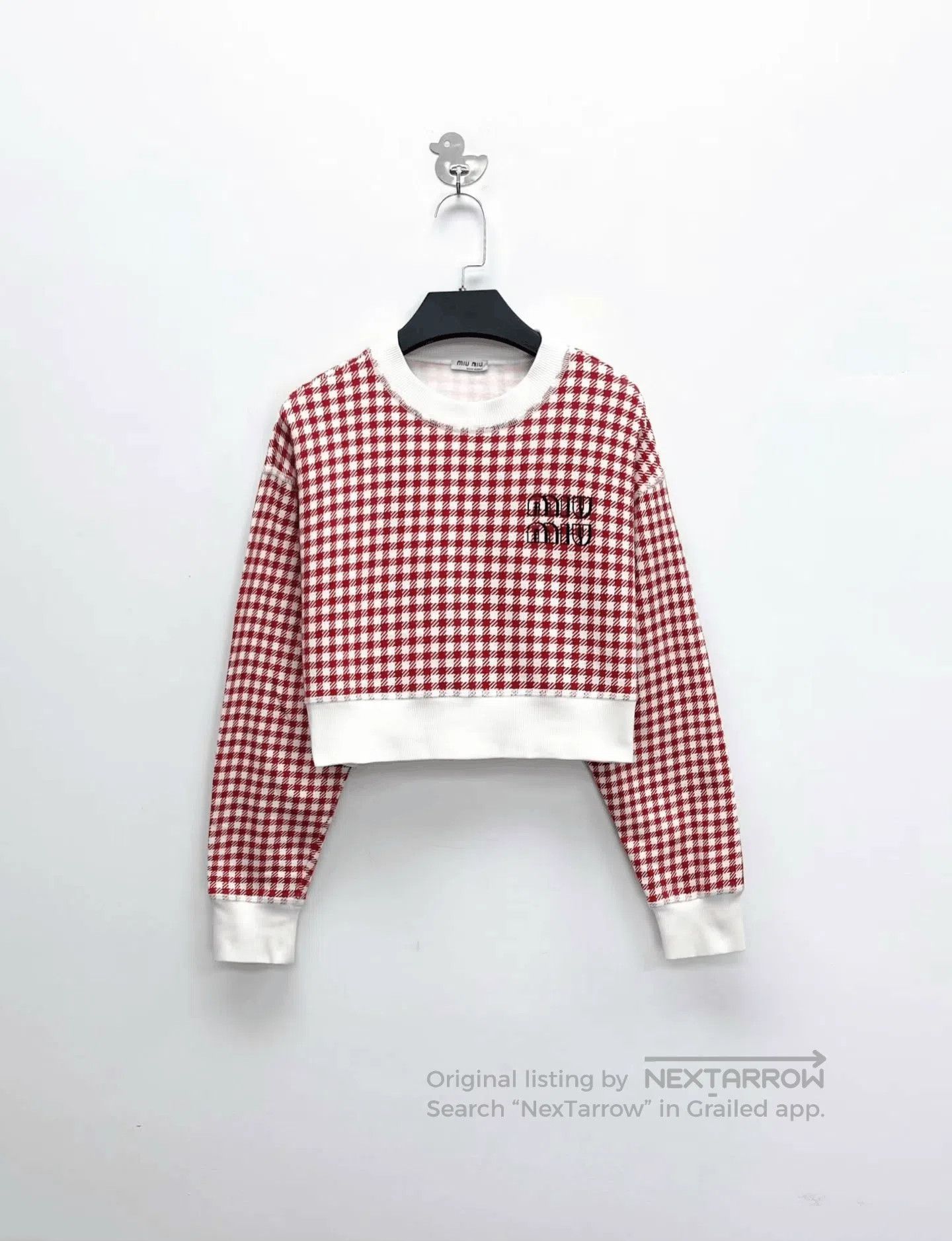 Miu Miu White Red Houndstooth Logo Sweatshirt.
