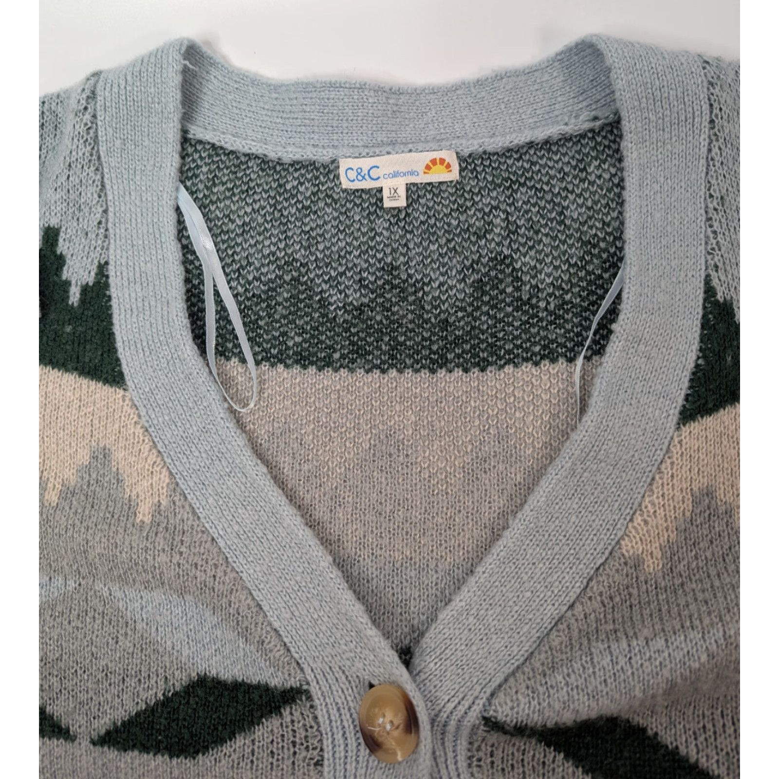 Vintage C&C California Cardigan Women 1X Boxy Jacquard Button V-Neck Knit Lightweight Blue Green Sweater Plus Size Size XL / US 12-14 / IT 48-50 - 7 Thumbnail