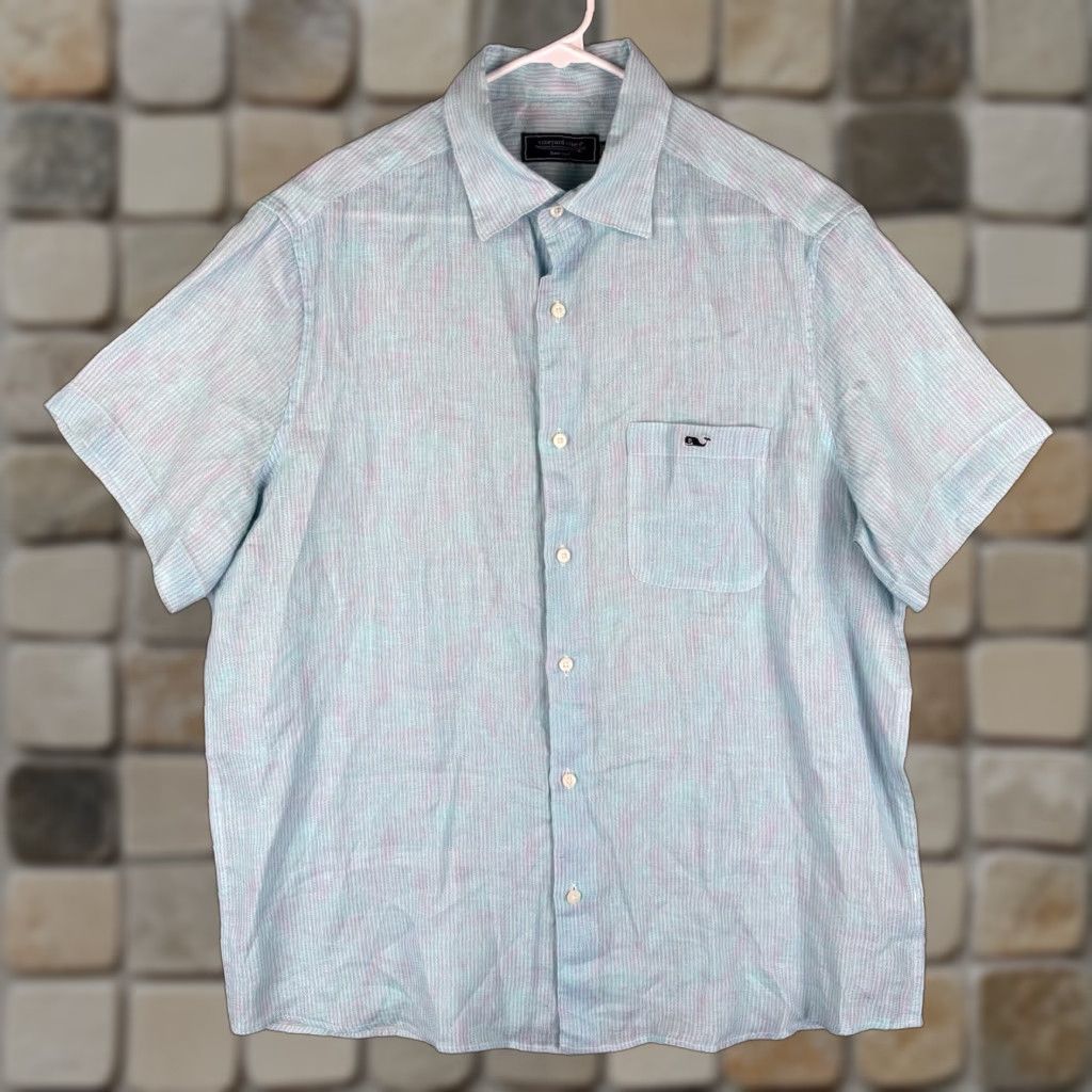 Vineyard Vines Vineyard Vines Linen Shirt Mens Large Turquoise Pink Floral Print Short Sleeve Button-Up Beach Tropical Nautical Island Size US L / EU 52-54 / 3 - 1 Thumbnail