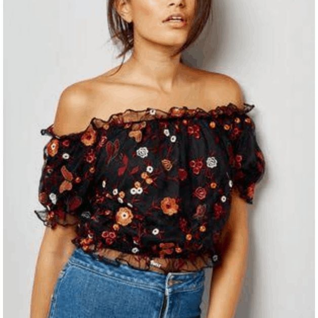 New Look New Look Floral Embroidered Bardot Top Puff Sleeves Floral C
