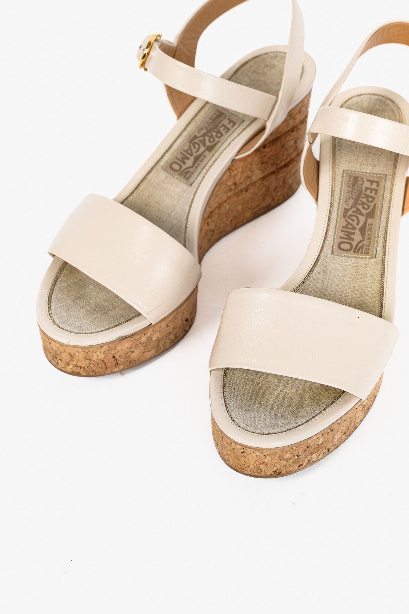 Salvatore Ferragamo Salvatore Ferragamo Madea Cream Leather & Cork Wedge Sandals Size US 8 / IT 38 - 6 Thumbnail