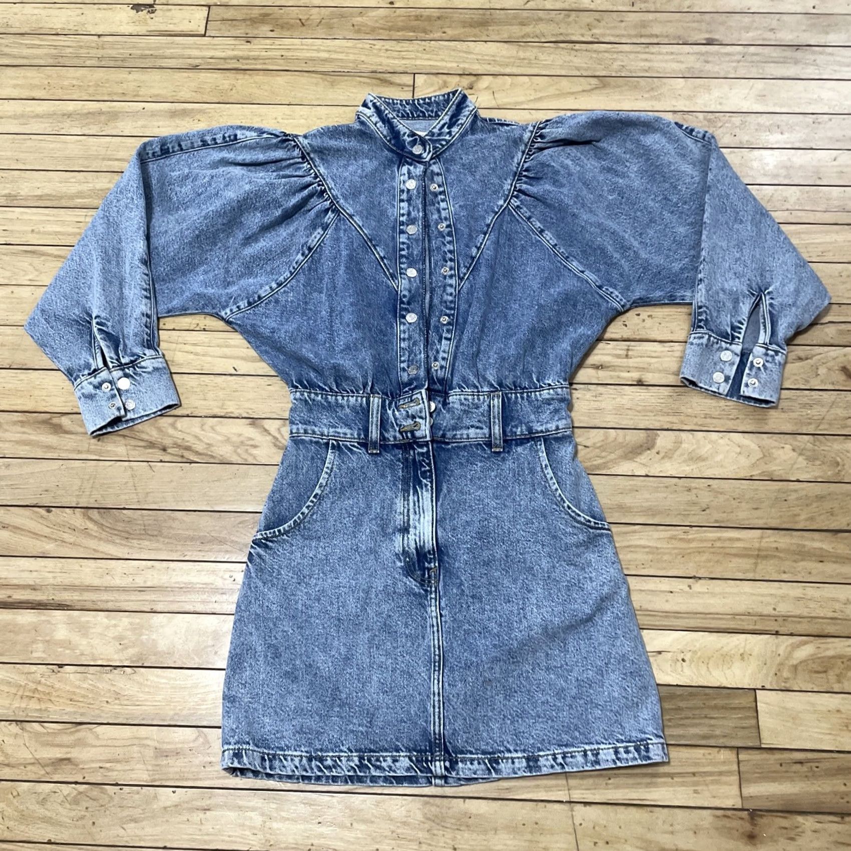 Mango VINTAGE Mango MNG Denim Romper Women 2 Blue Jean One Piece Jumpsuit Puff Sleeves Shirt Women Squares Size 26" / US 2 / IT 38 - 2 Thumbnail