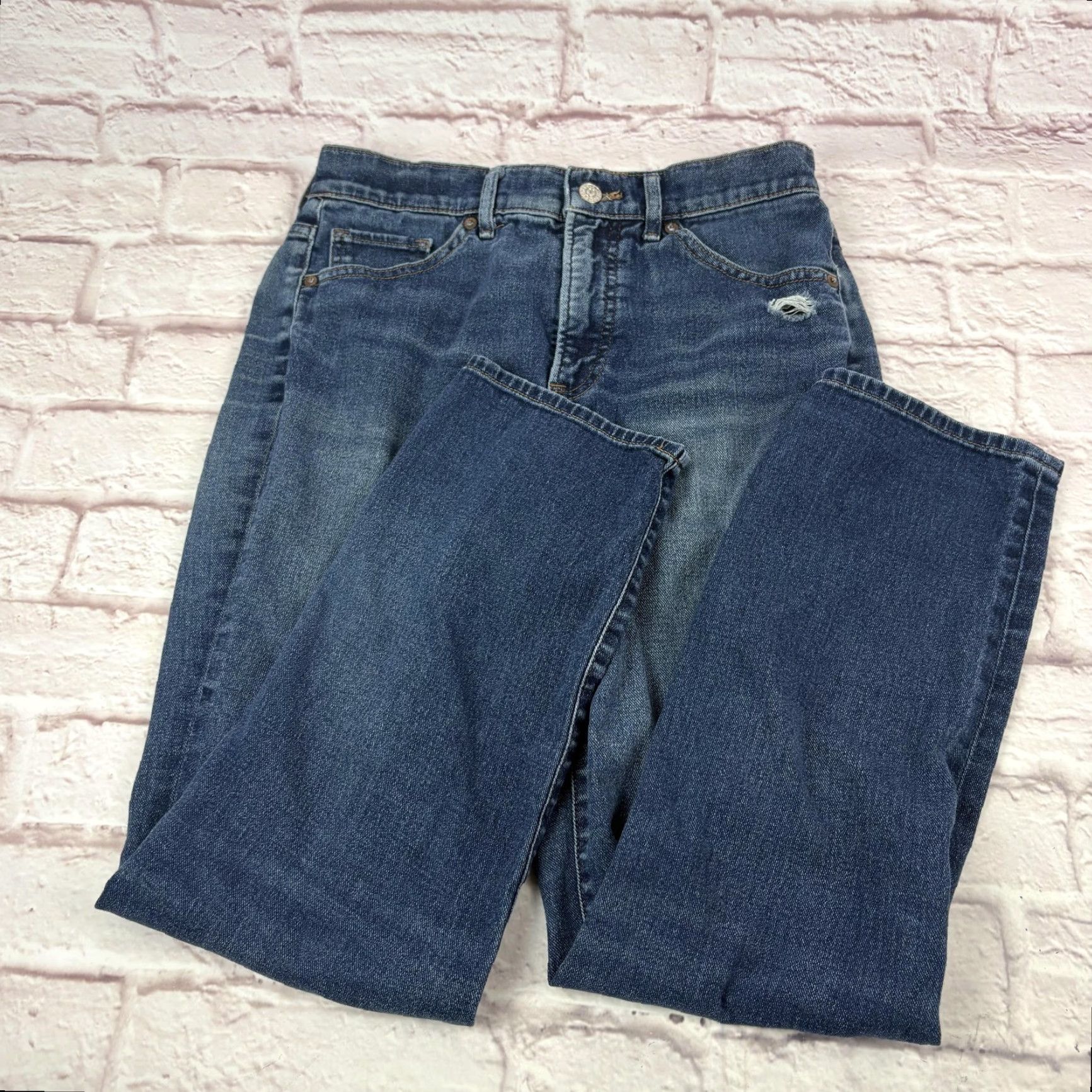 Express Express Jeans Womens Slim Super High Rise Medium Wash 28x27 Denim Distressed Pockets Zip Floats Size 25" / US 0 / IT 36 - 2 Thumbnail